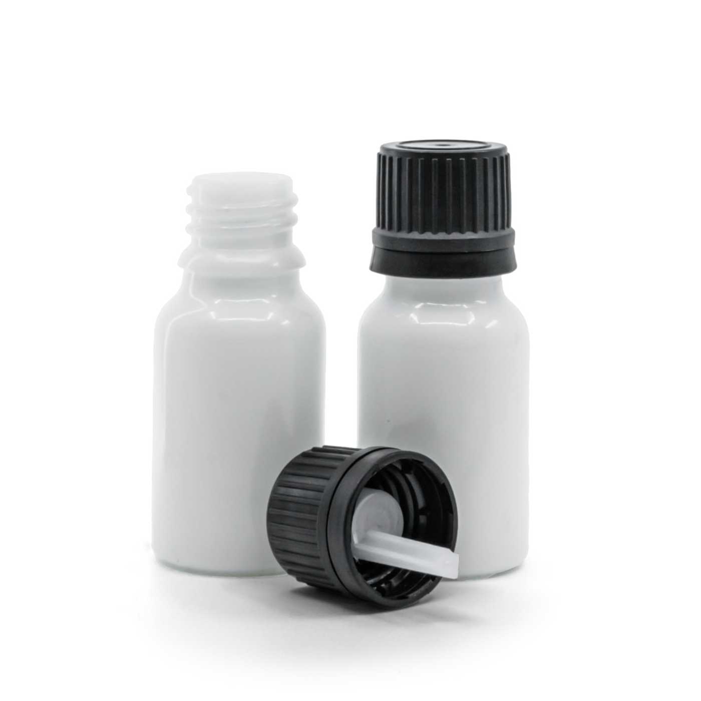 Sklenená fľaška, biela, čierny vrchnák s kvapátkom, 10 ml
