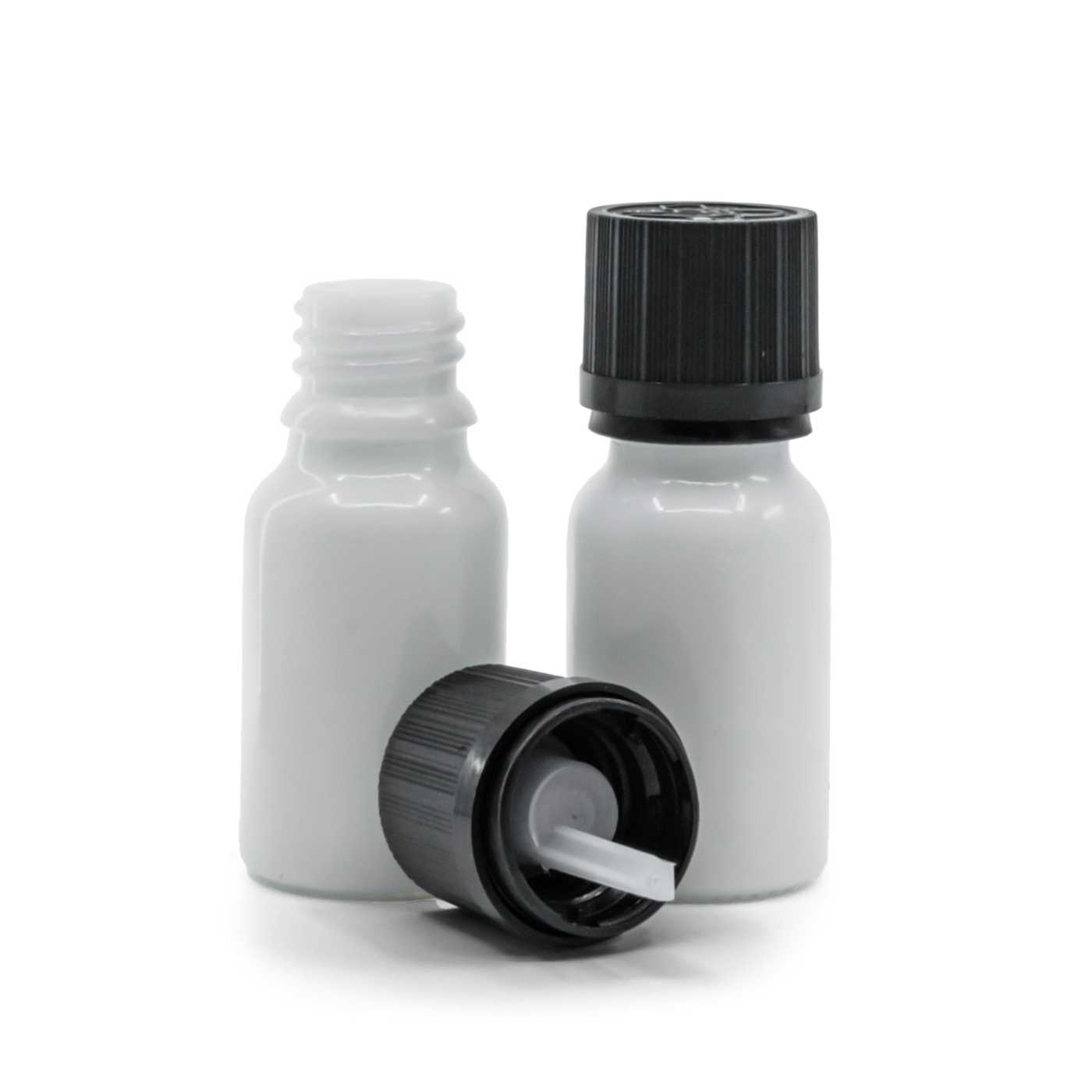 Butelka szklana, biała, czarna karbowana nakrętka z zabezpieczeniem, 10 ml