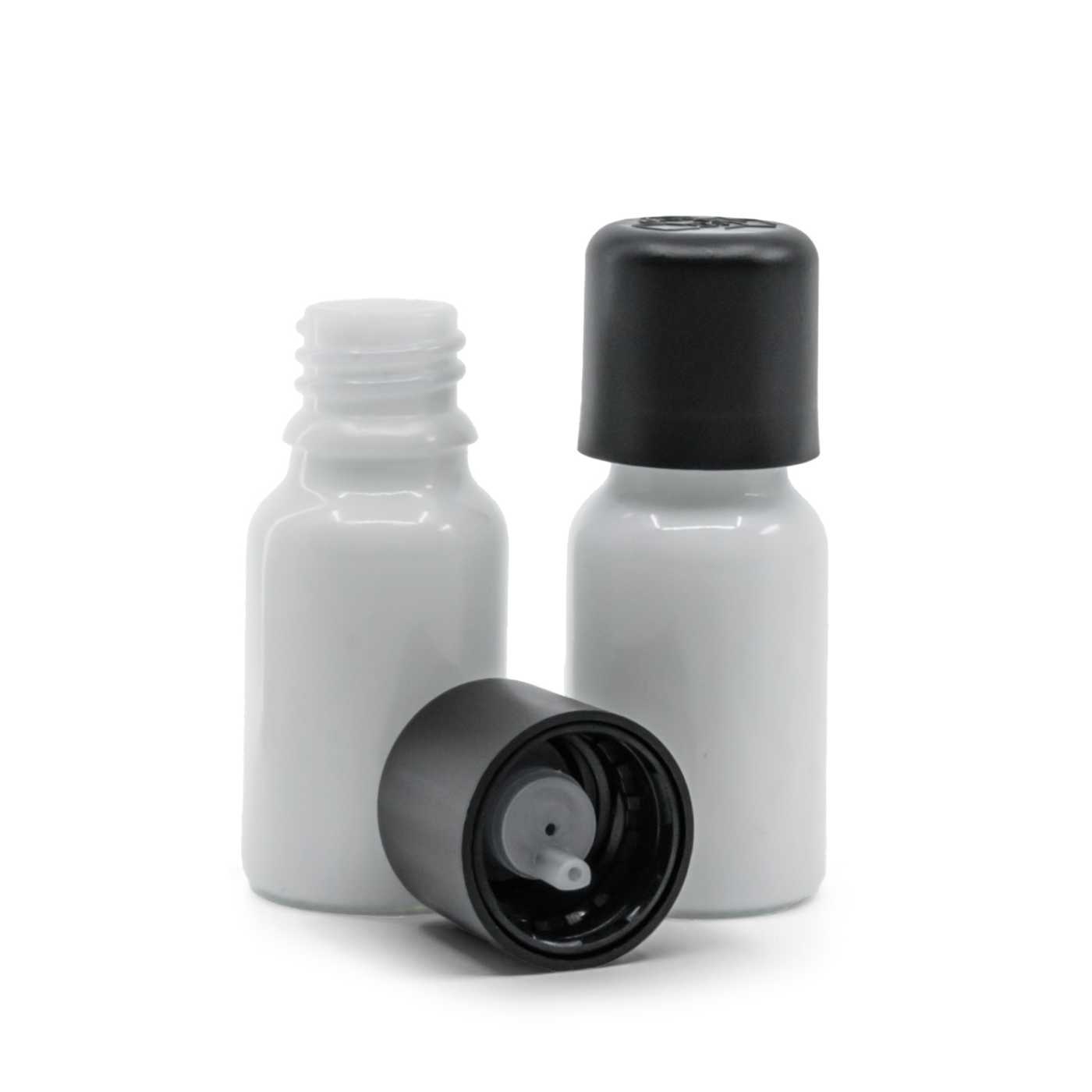 Sklenená fľaška, biela, čierny vrchnák s poistkou, 10 ml