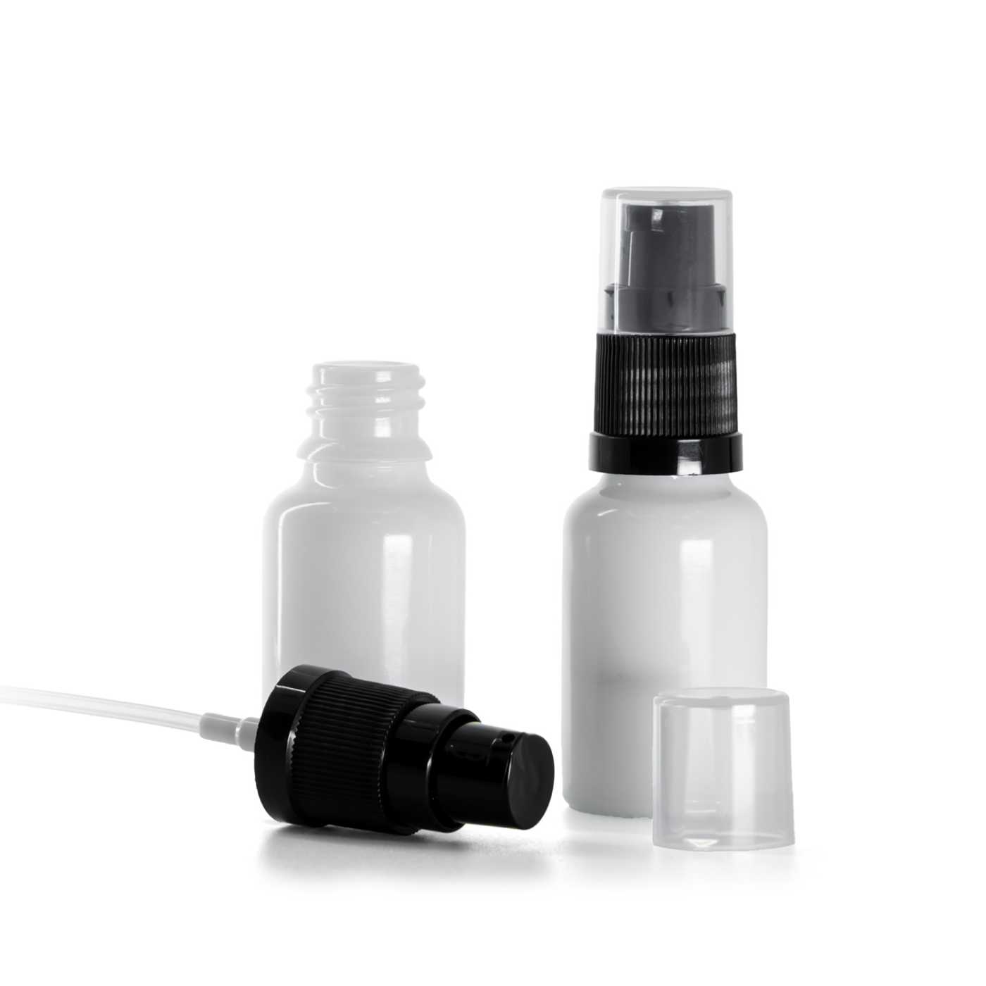 Bílá skleněná lahvička s dávkovačem krému 15 ml