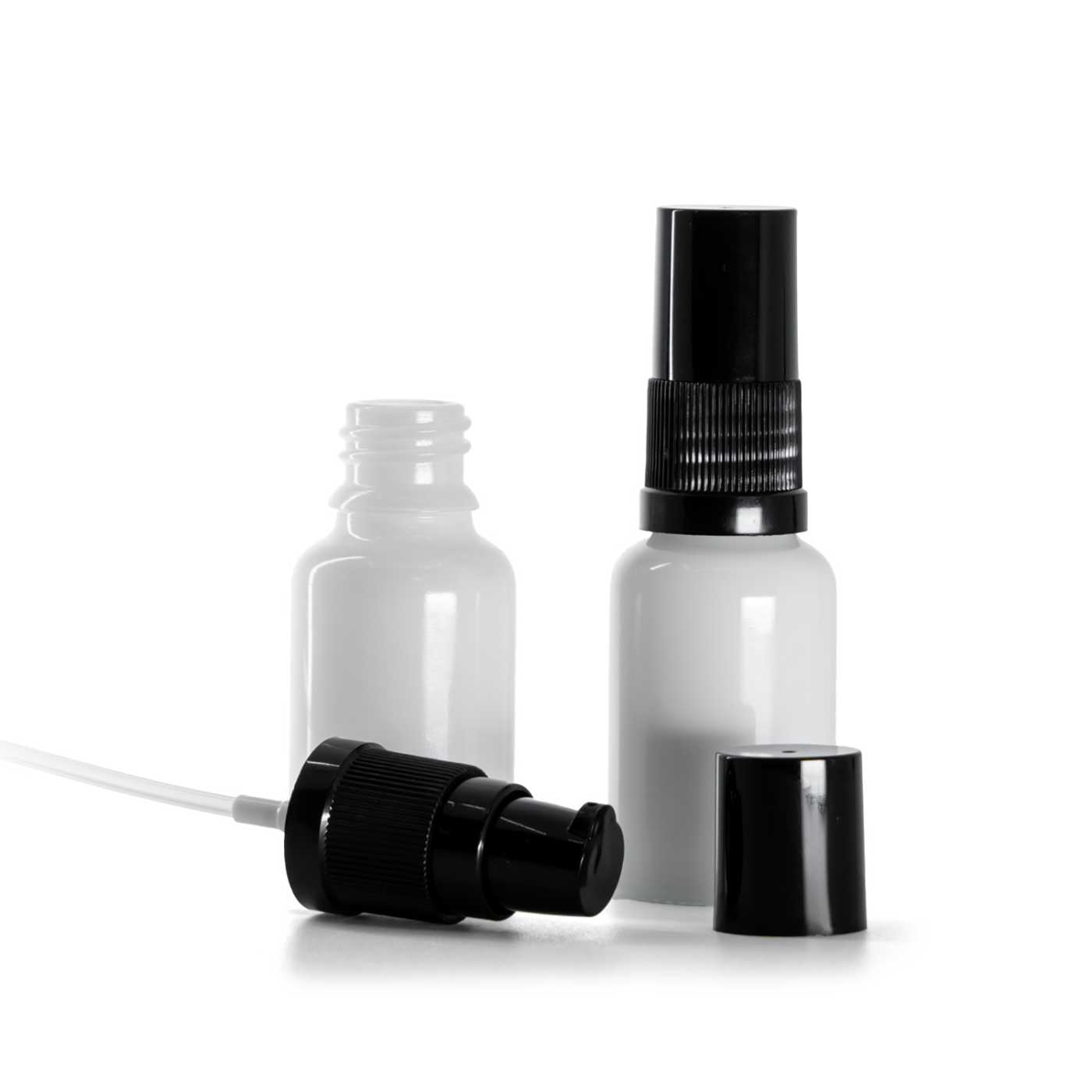 Sklenená fľaška, liekovka, biela, dávkovač krémov s čiernym vrchom, 15 ml