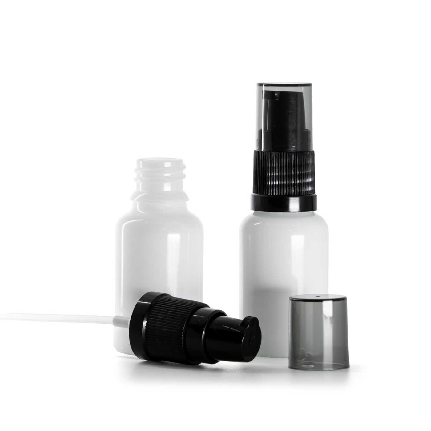 Sklenená fľaška, liekovka, biela, dávkovač krémov s dymovým krytom, 15 ml