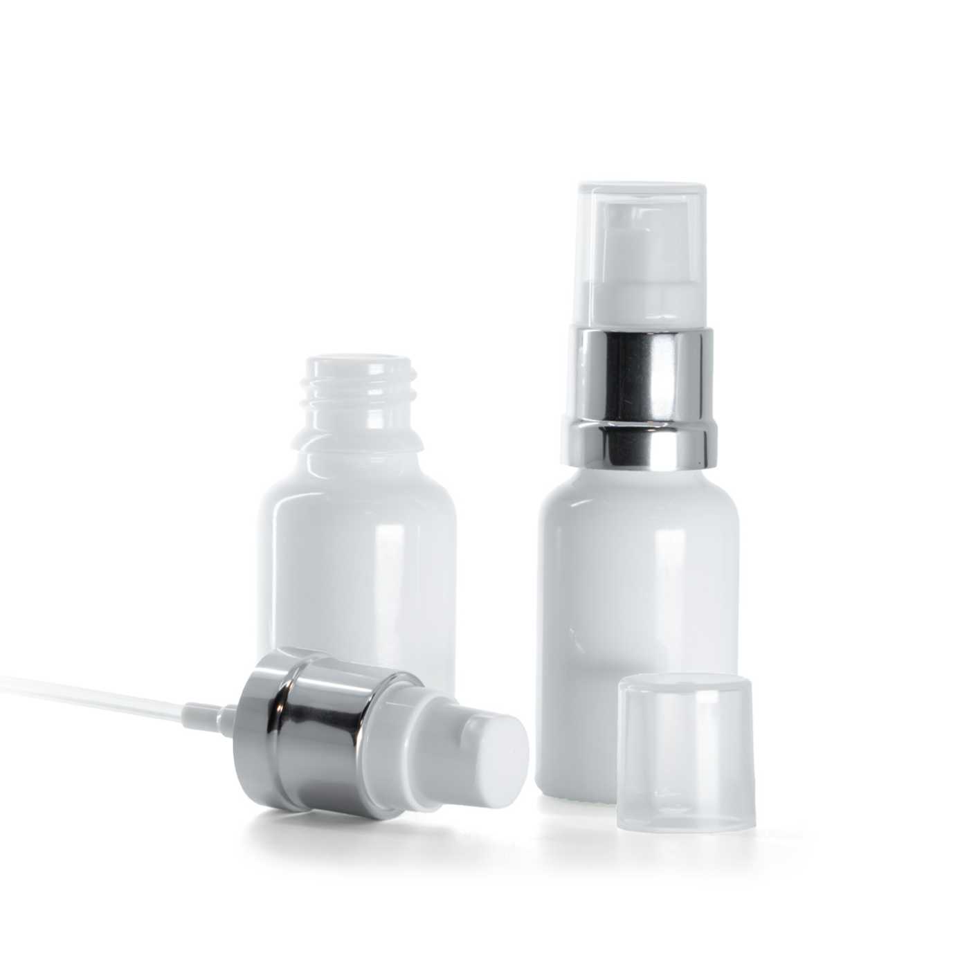 Sklenená fľaška, liekovka, biela, bielo-strieborný lesklý dávkovač, 15 ml