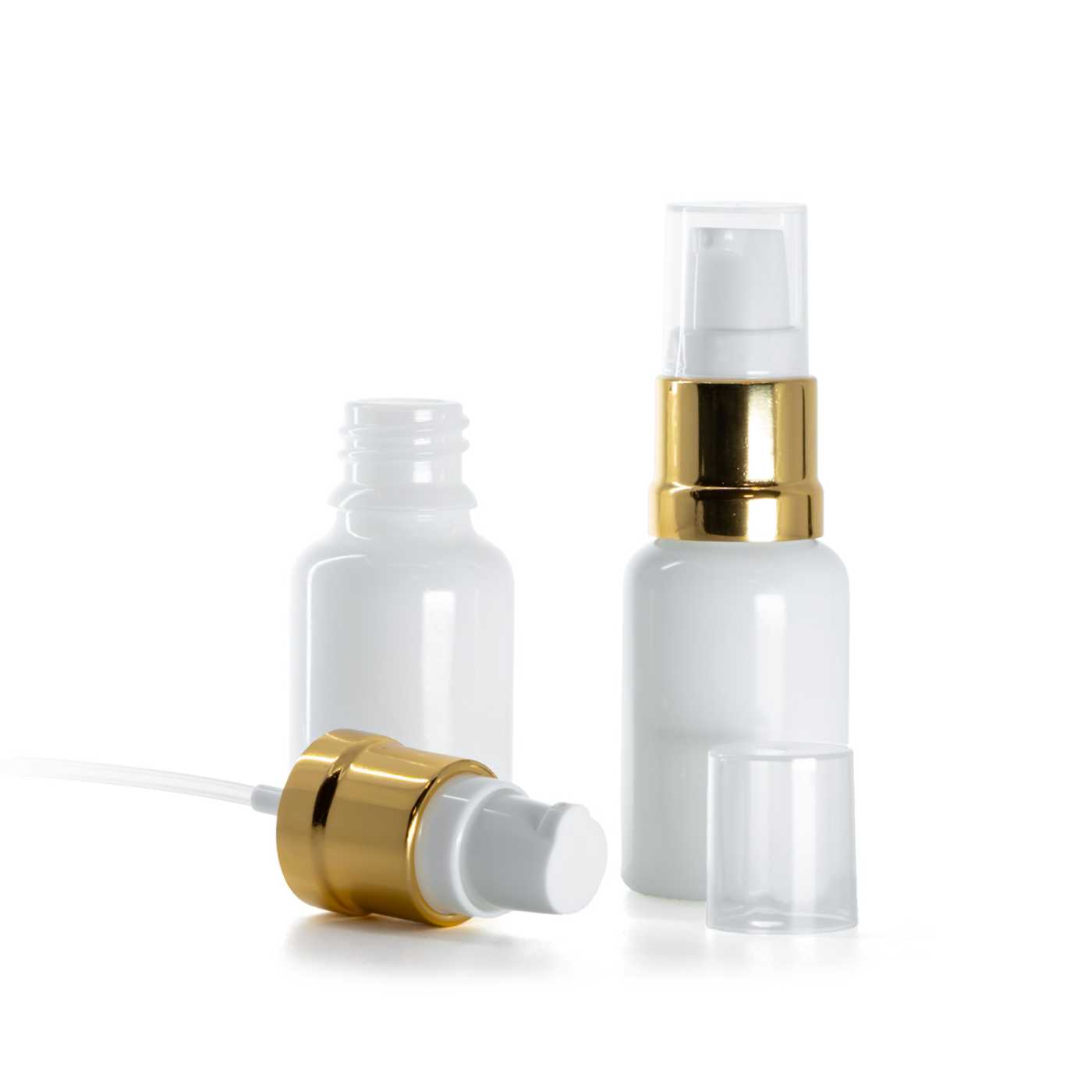 Sklenená fľaška, liekovka, biela, bielo-zlatý lesklý dávkovač, 15 ml