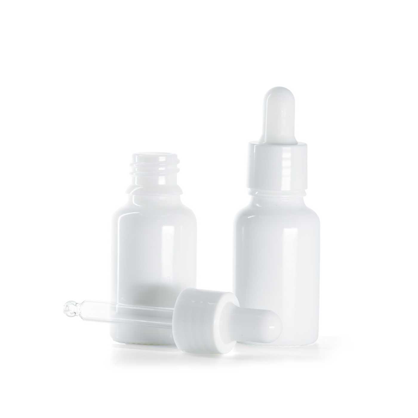 Sklenená fľaška, liekovka, biela, biele lesklé kvapátko, 15 ml
