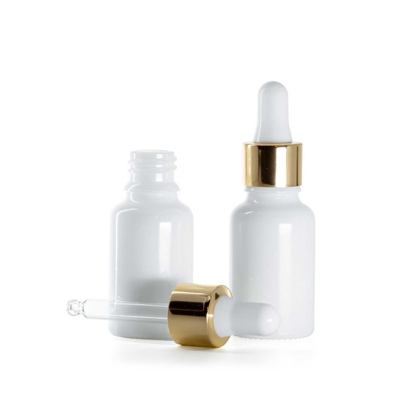 Sklenená fľaška, liekovka, biela, bielo-zlaté kvapátko, 15 ml