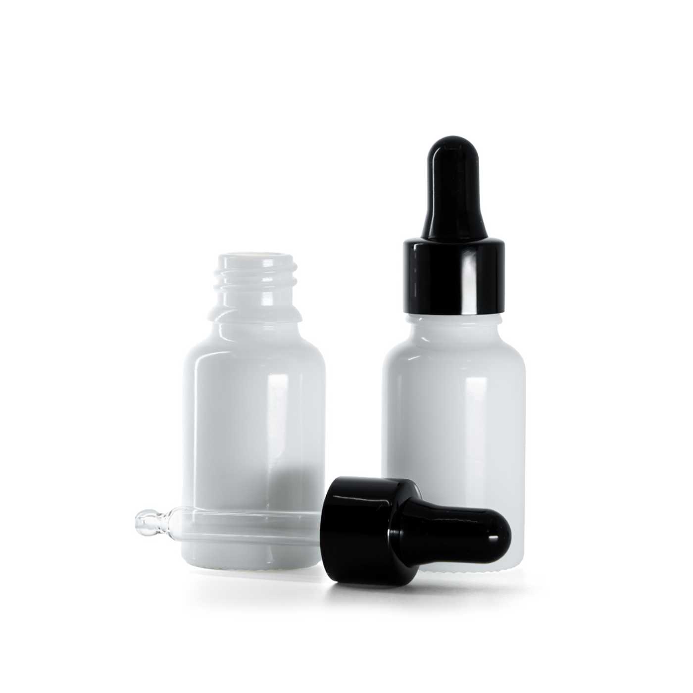 Butelka szklana apteczna, biała, czarny błyszczący kroplomierz, 15 ml