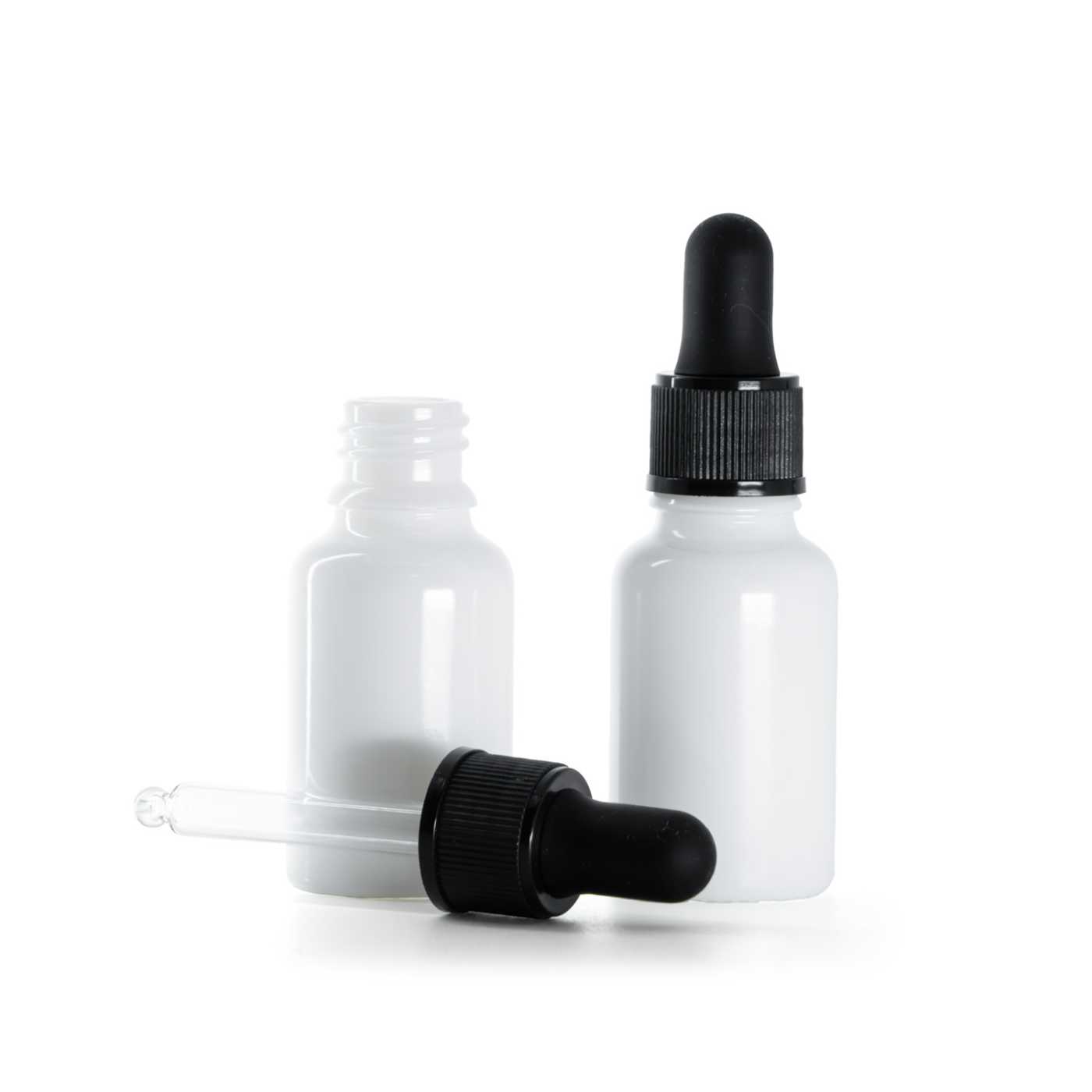 Sklenená fľaška, liekovka, biela, matné čierne kvapátko, 15 ml
