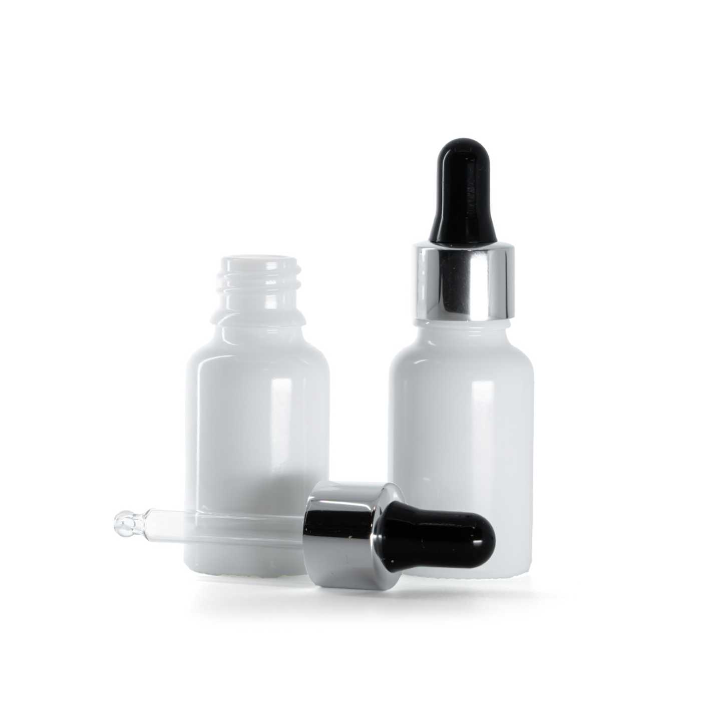 Butelka szklana apteczna, biała, czarno-srebrny kroplomierz, 15 ml
