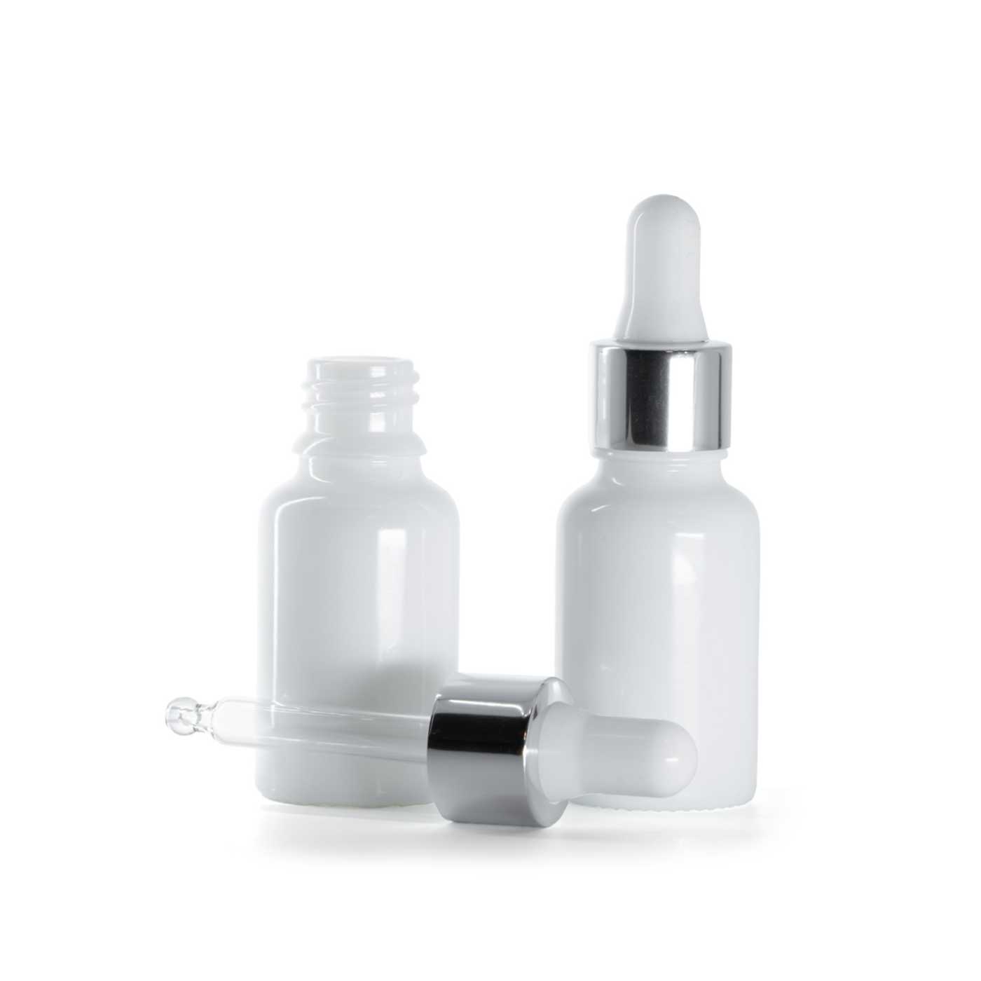 Sklenená fľaška, liekovka, biela, strieborné kvapátko, 15 ml