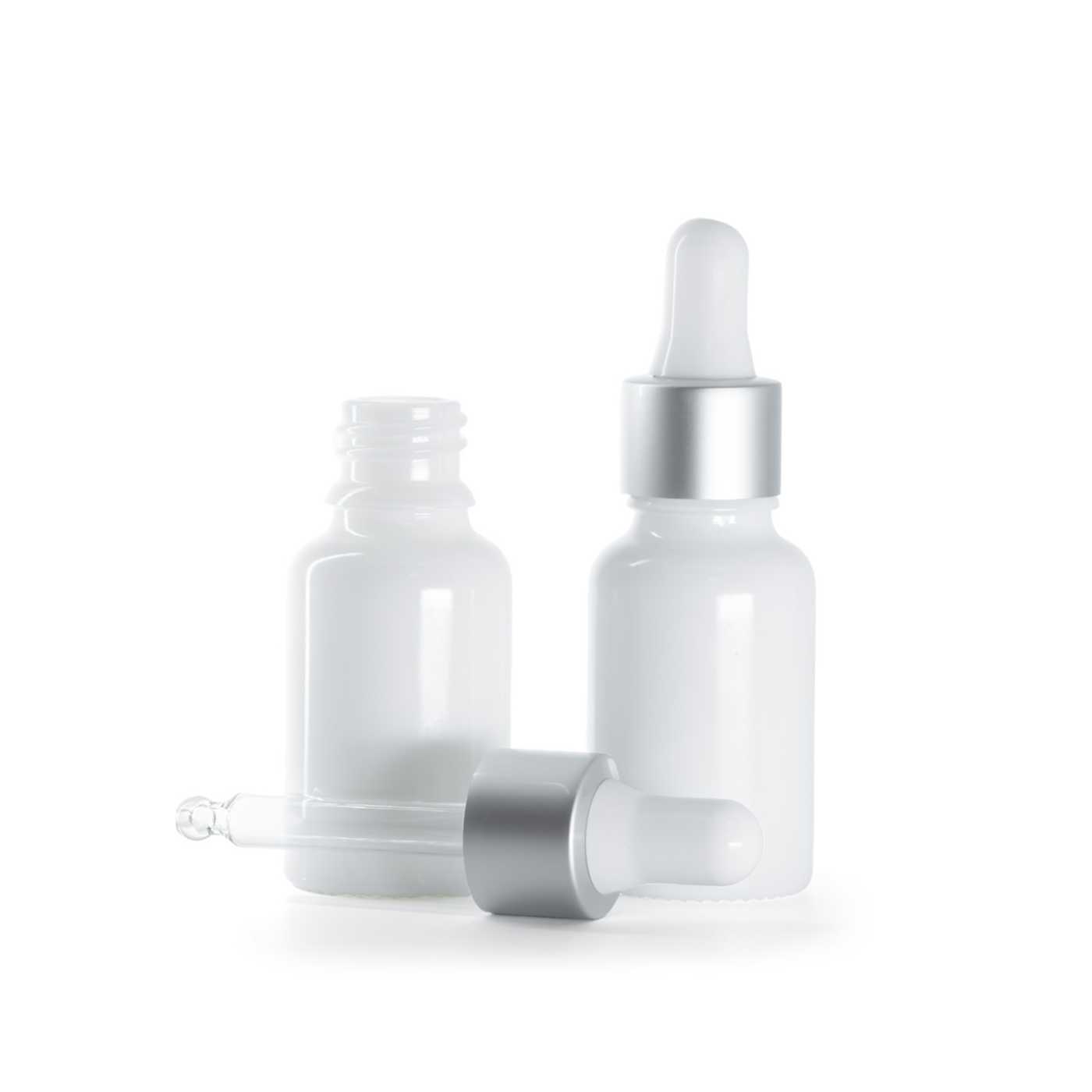 Sklenená fľaška, liekovka, biela, strieborné matné kvapátko, 15 ml