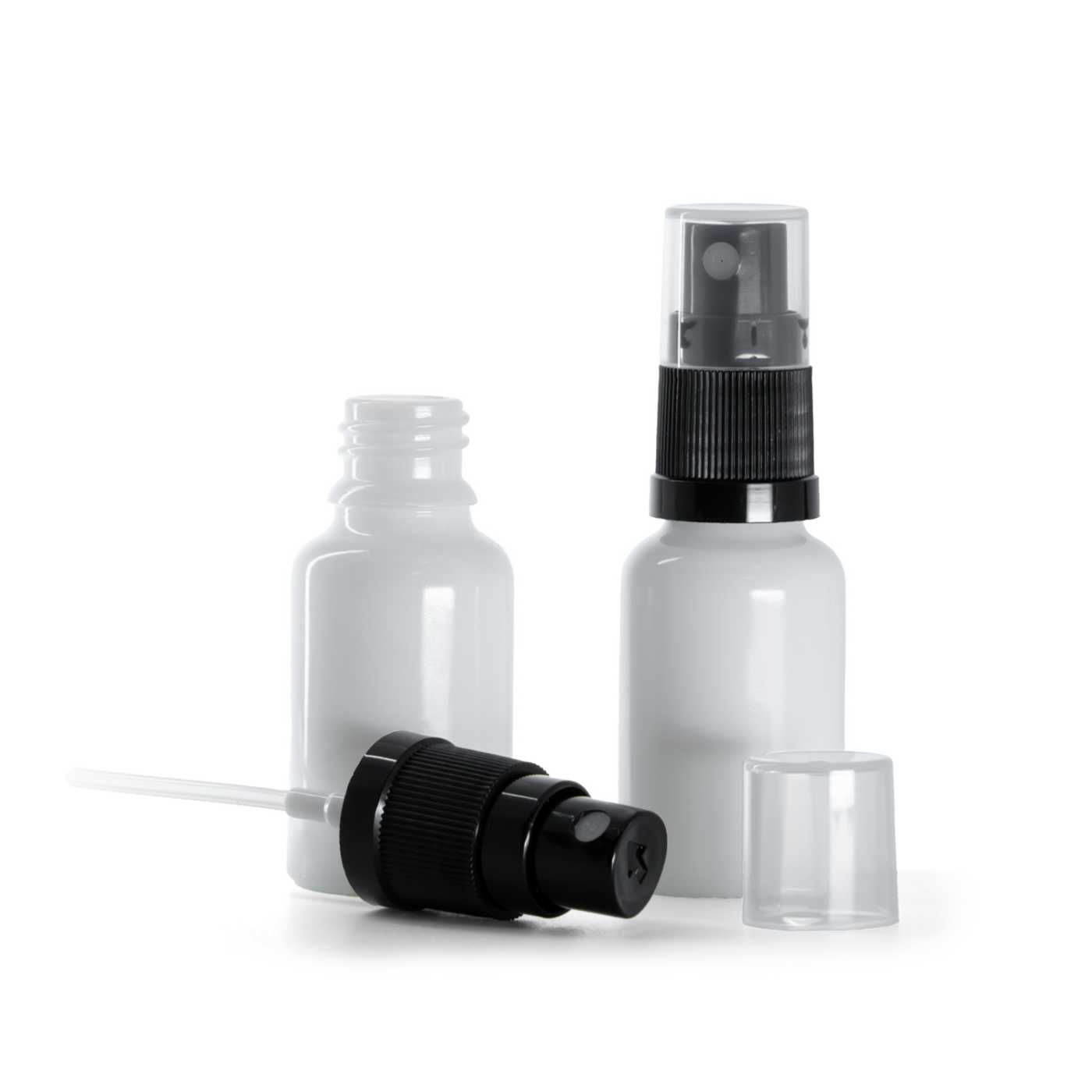 Sklenená fľaška, liekovka, biela, čierny rozprašovač, 15 ml