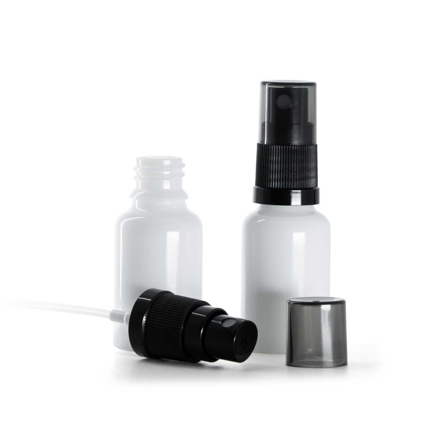 Sklenená fľaška, liekovka, biela, čierny rozprašovač, dymový kryt, 15 ml