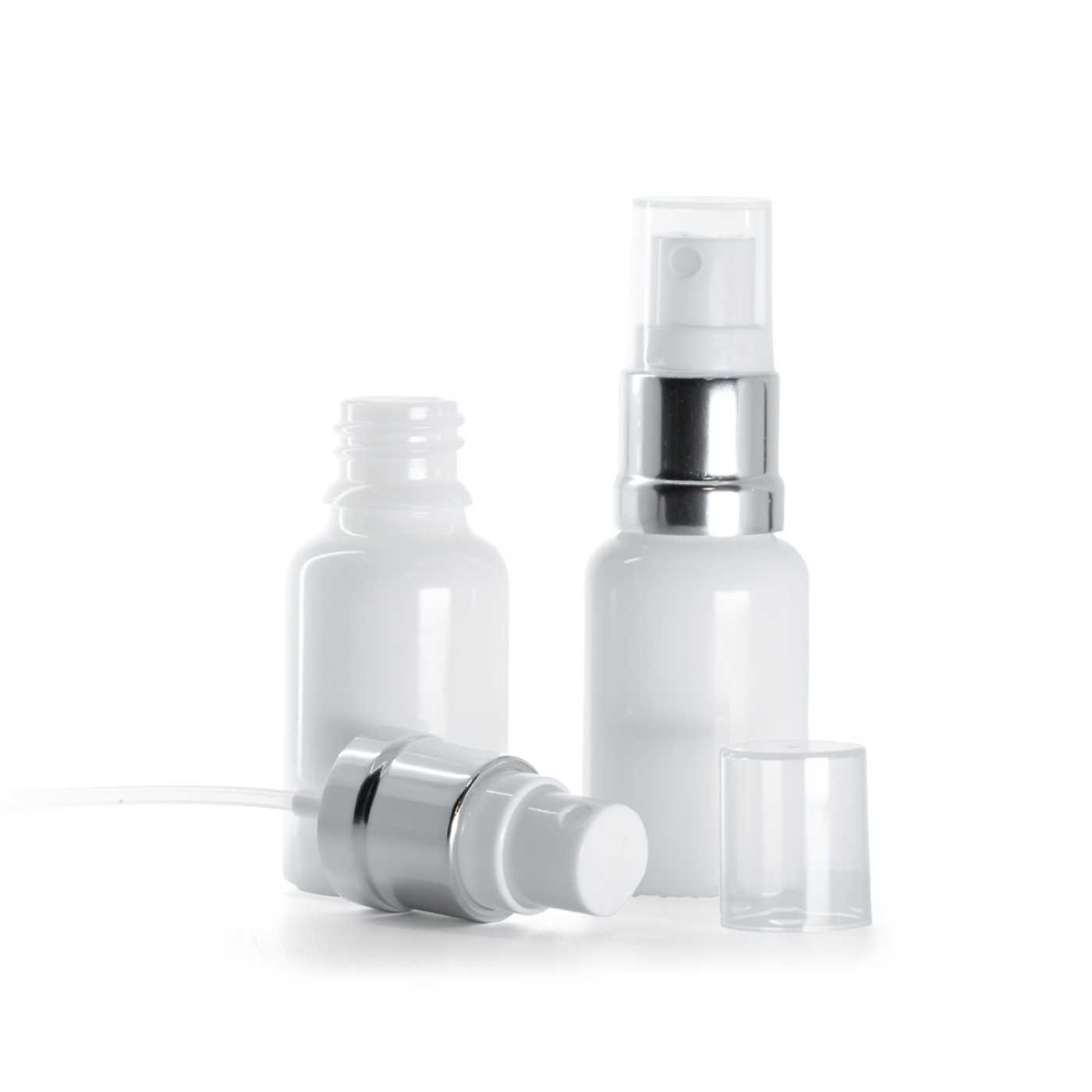 Sklenená fľaška, liekovka, biela, bielo-strieborný rozprašovač, 15 ml