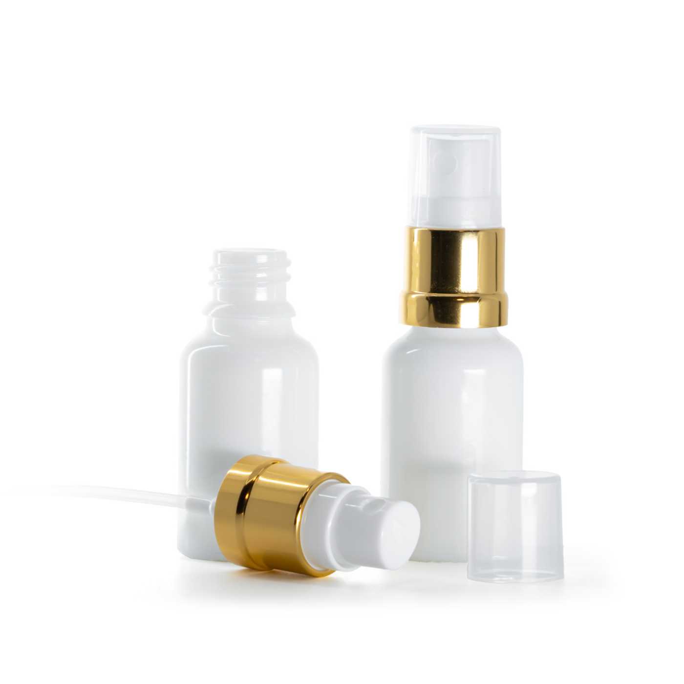 Sklenená fľaška, liekovka, biela, bielo-zlatý rozprašovač, 15 ml