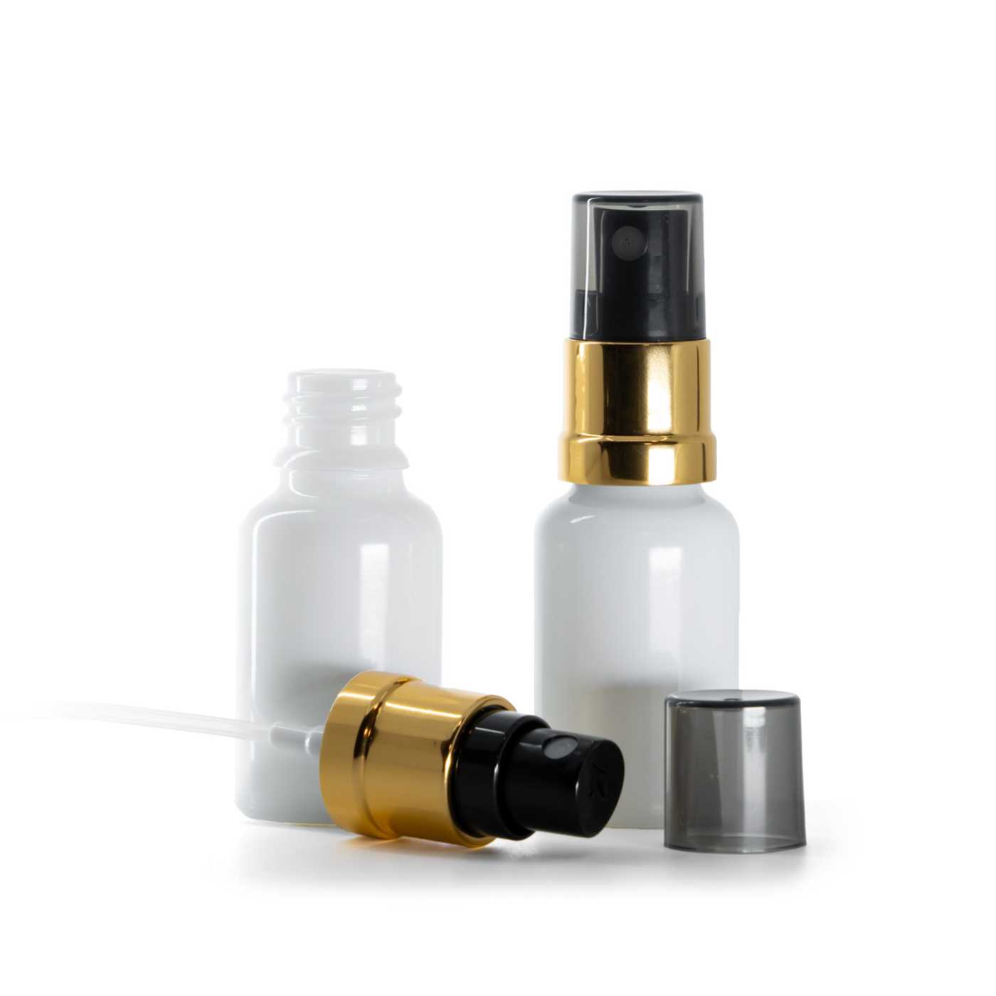 Sklenená fľaška, liekovka, biela, čierno-zlatý rozprašovač, dymový kryt, 15 ml