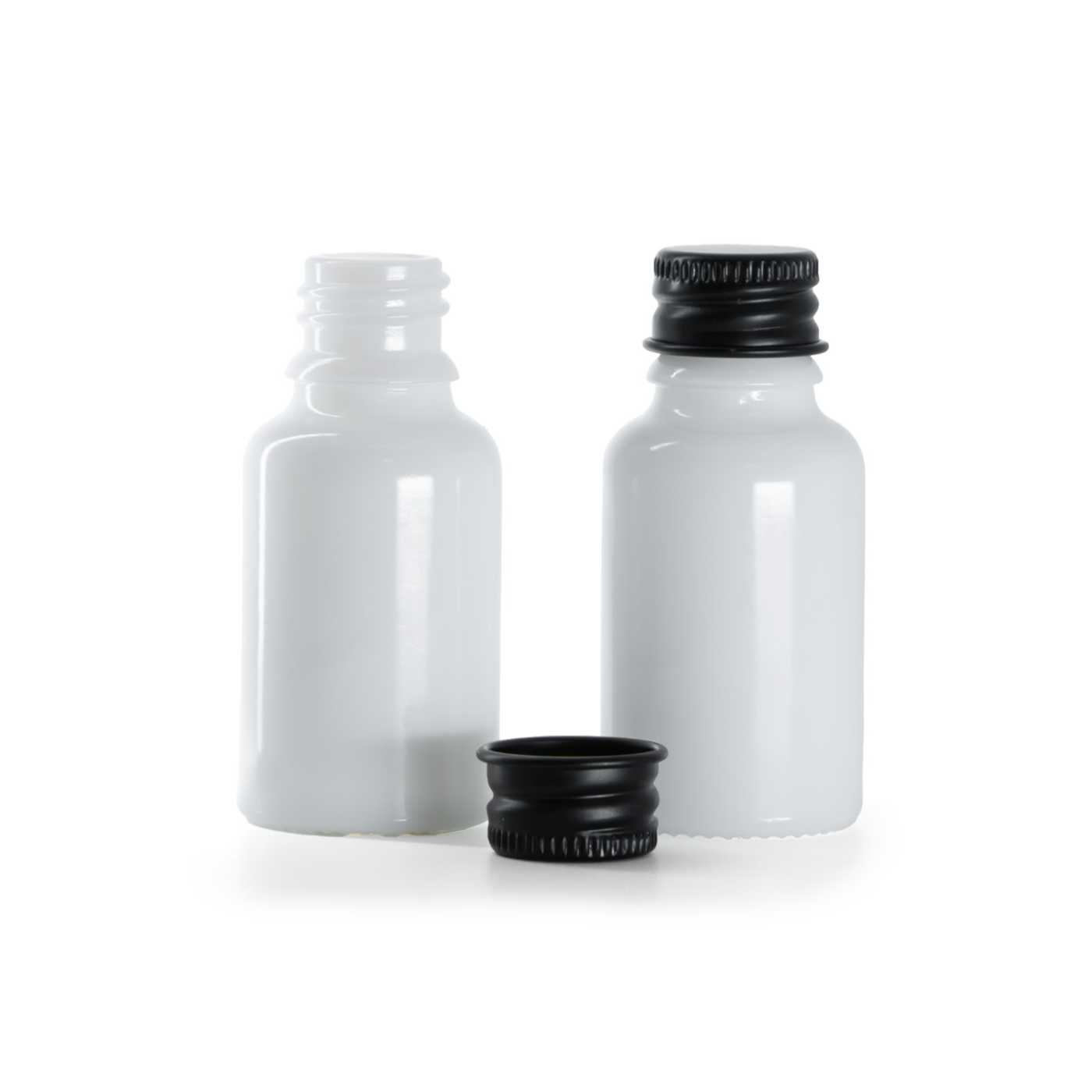 Sklenená fľaška, liekovka, biela, čierny hliníkový vrchnák, 15 ml
