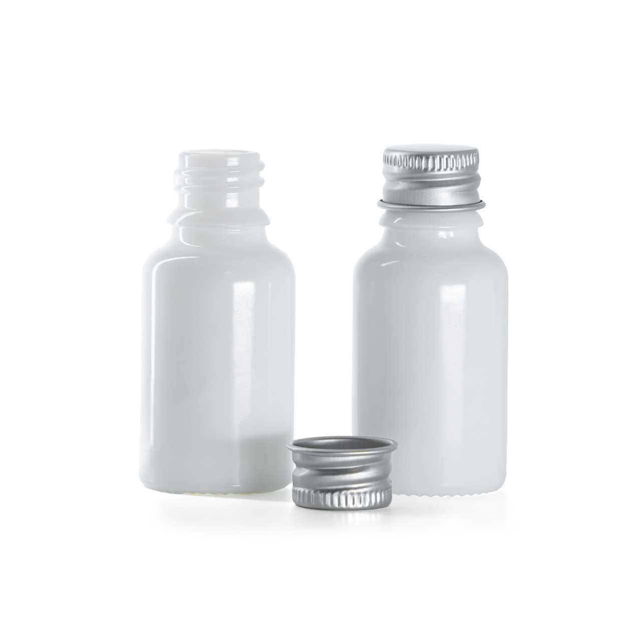 Sklenená fľaška, liekovka, biela, hliníkový vrchnák, 15 ml