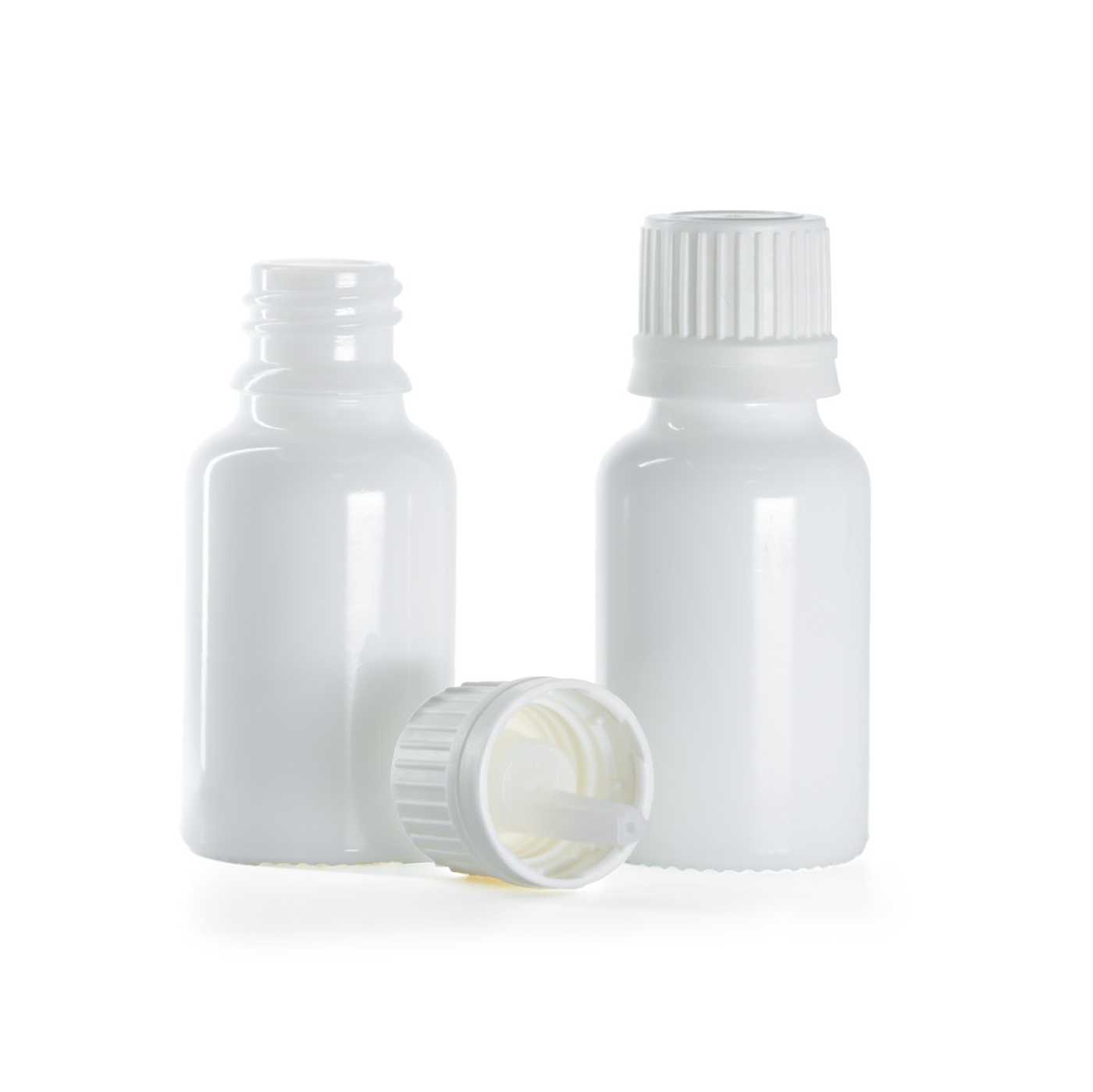 Butelka szklana apteczna, biała, biała nakrętka z kroplomierzem, 15 ml