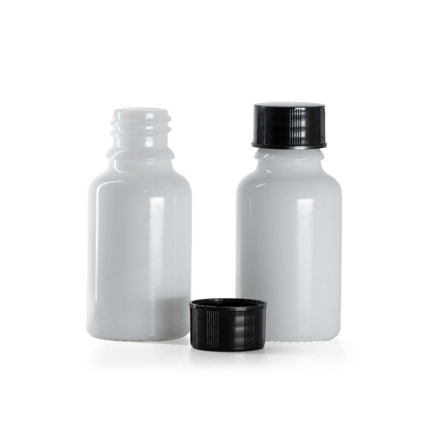Sklenená fľaška, liekovka, biela, čierny vrchnák, 15 ml