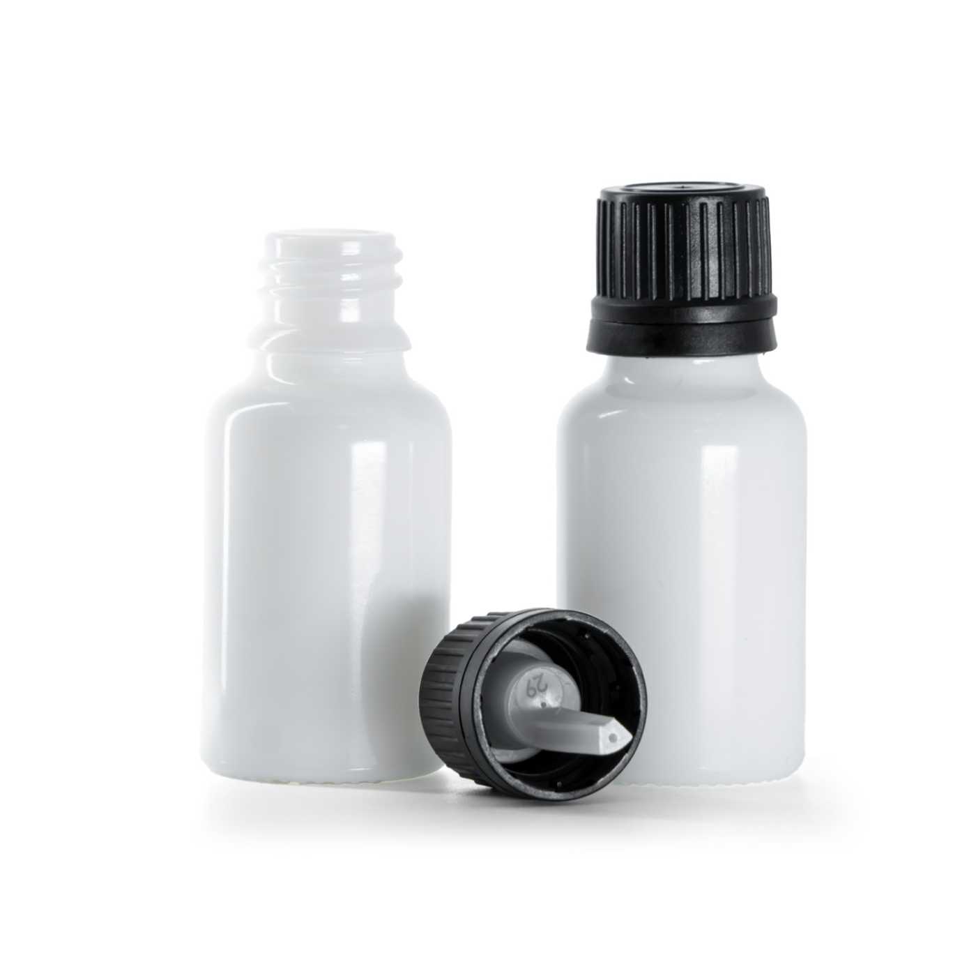 Sklenená fľaška, liekovka, biela, čierny vrchnák s kvapátkom, 15 ml