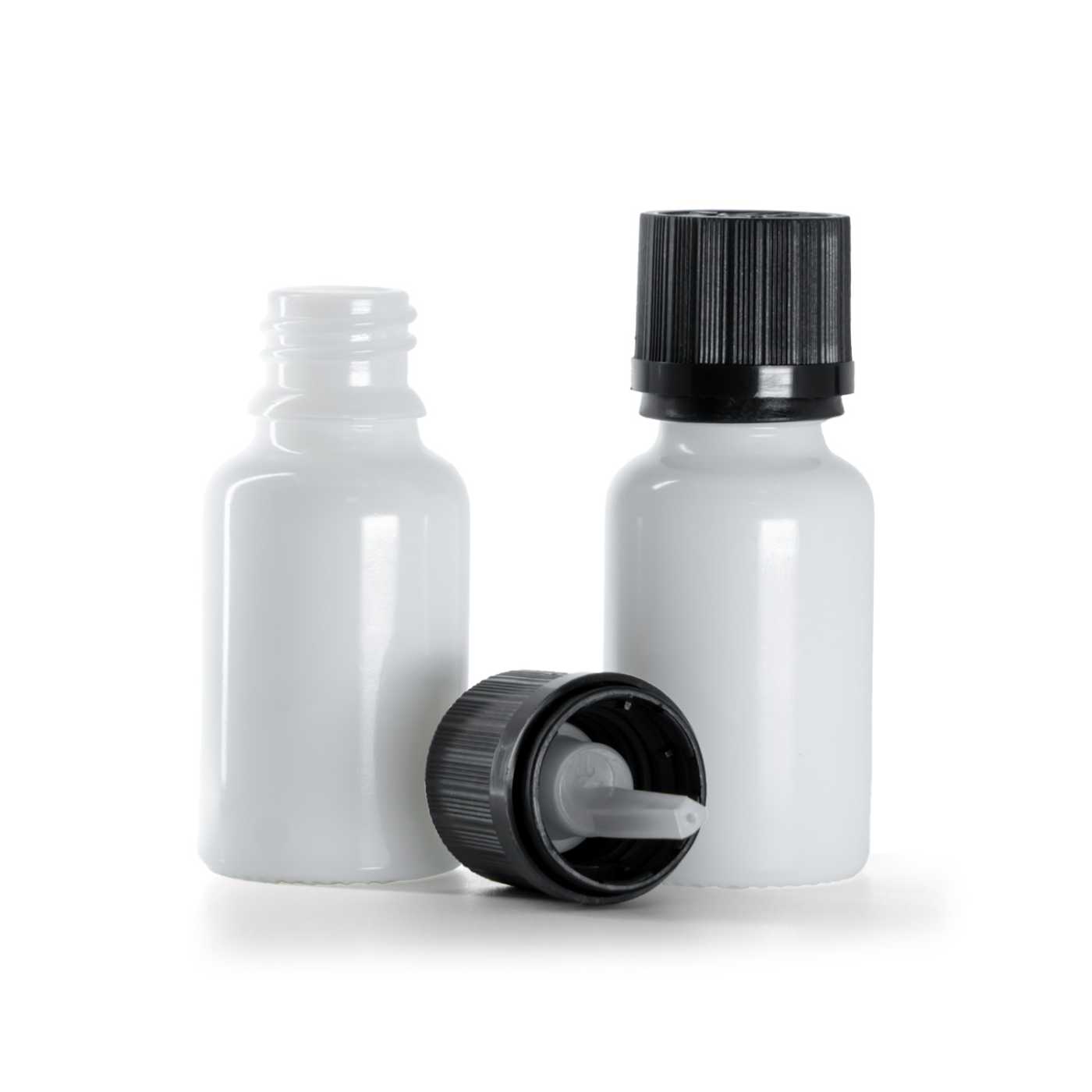Sklenená fľaška, liekovka, biela, čierny vrúbkovaný vrchnák s poistkou, 15 ml
