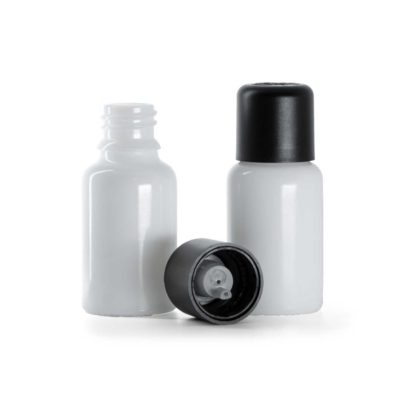 Sklenená fľaška, liekovka, biela, čierny vrchnák s poistkou, 15 ml