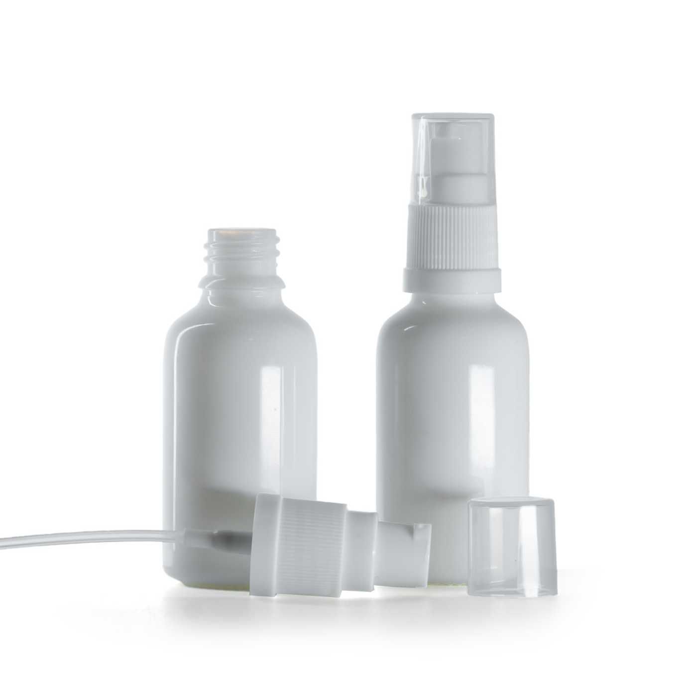 Butelka szklana apteczna, biała, biały dozownik, 30 ml