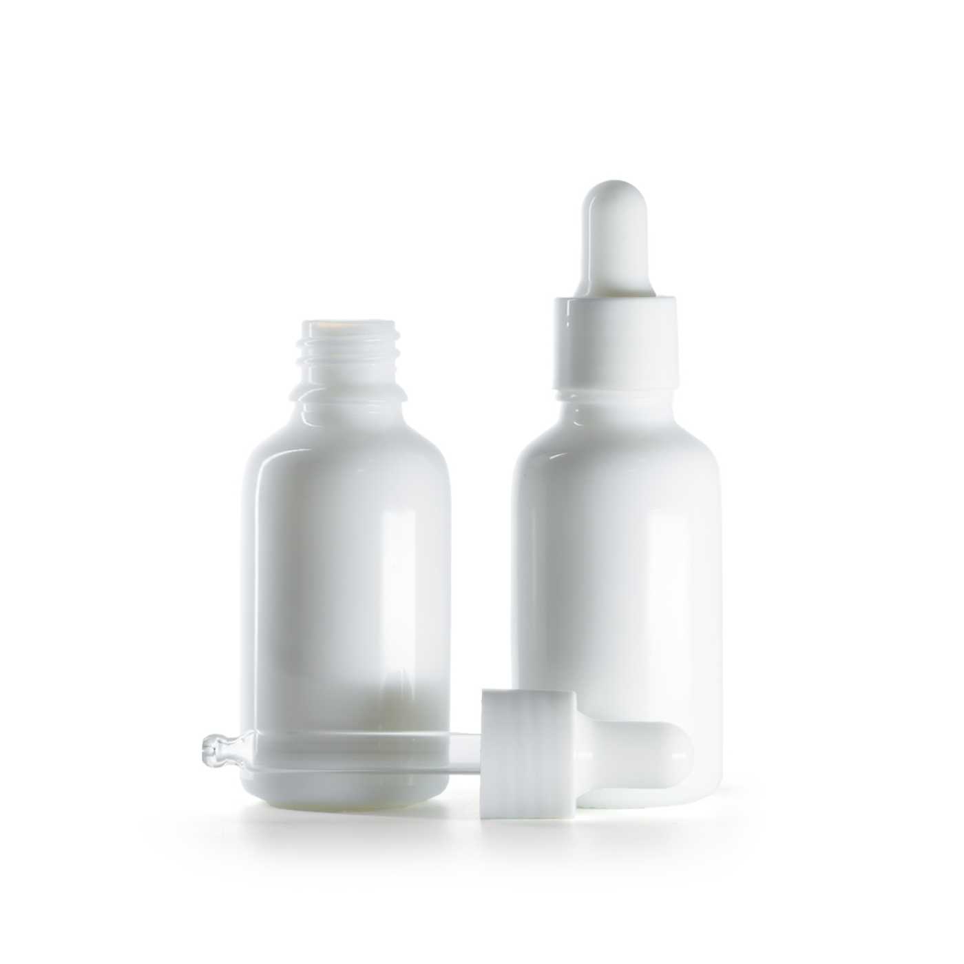 Sklenená fľaška, liekovka, biela, biele lesklé kvapátko, 30 ml