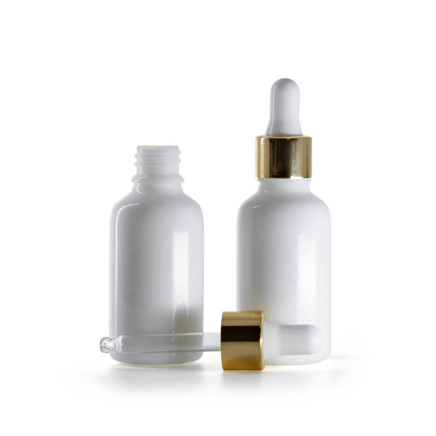 Sklenená fľaška, liekovka, biela, bielo-zlaté kvapátko, 30 ml