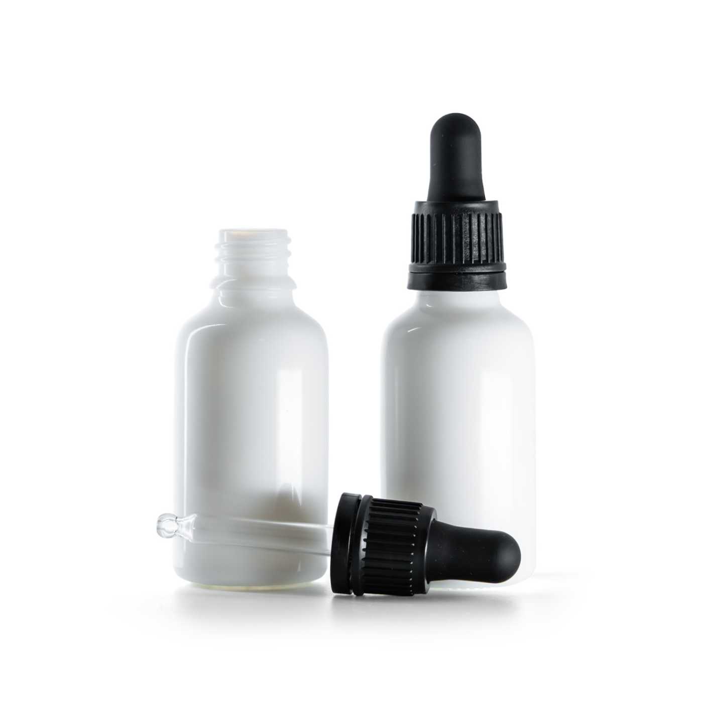 Butelka szklana apteczna, biała, czarny kroplomierz, 30 ml