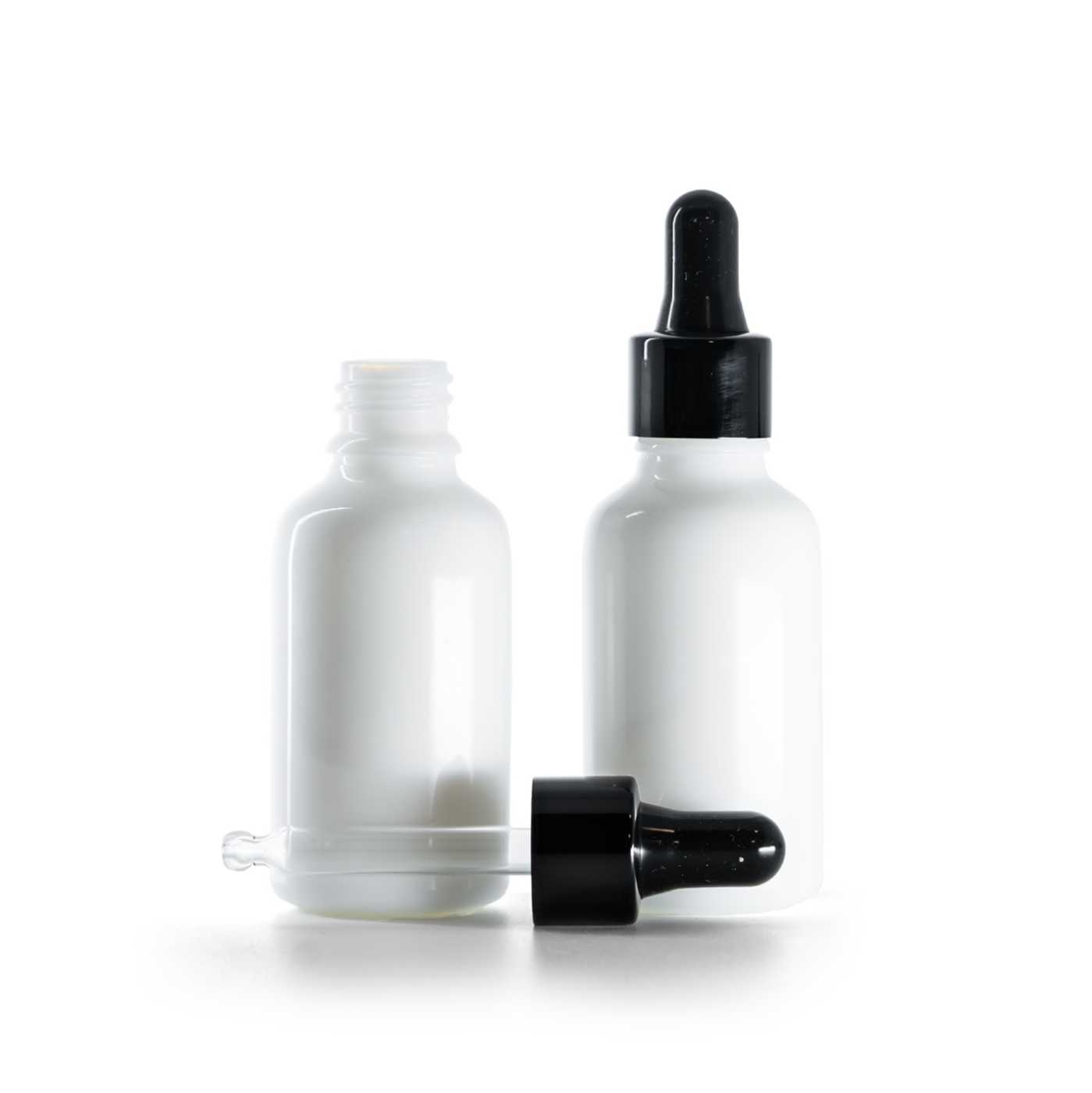 Butelka szklana apteczna, biała, czarny błyszczący kroplomierz, 30 ml