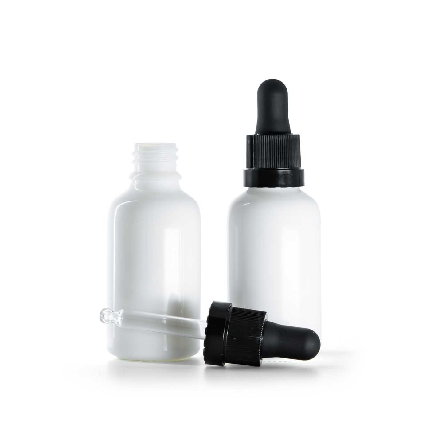 Butelka szklana apteczna, biała, czarny kroplomierz z błyszczącym paskiem, 30 ml