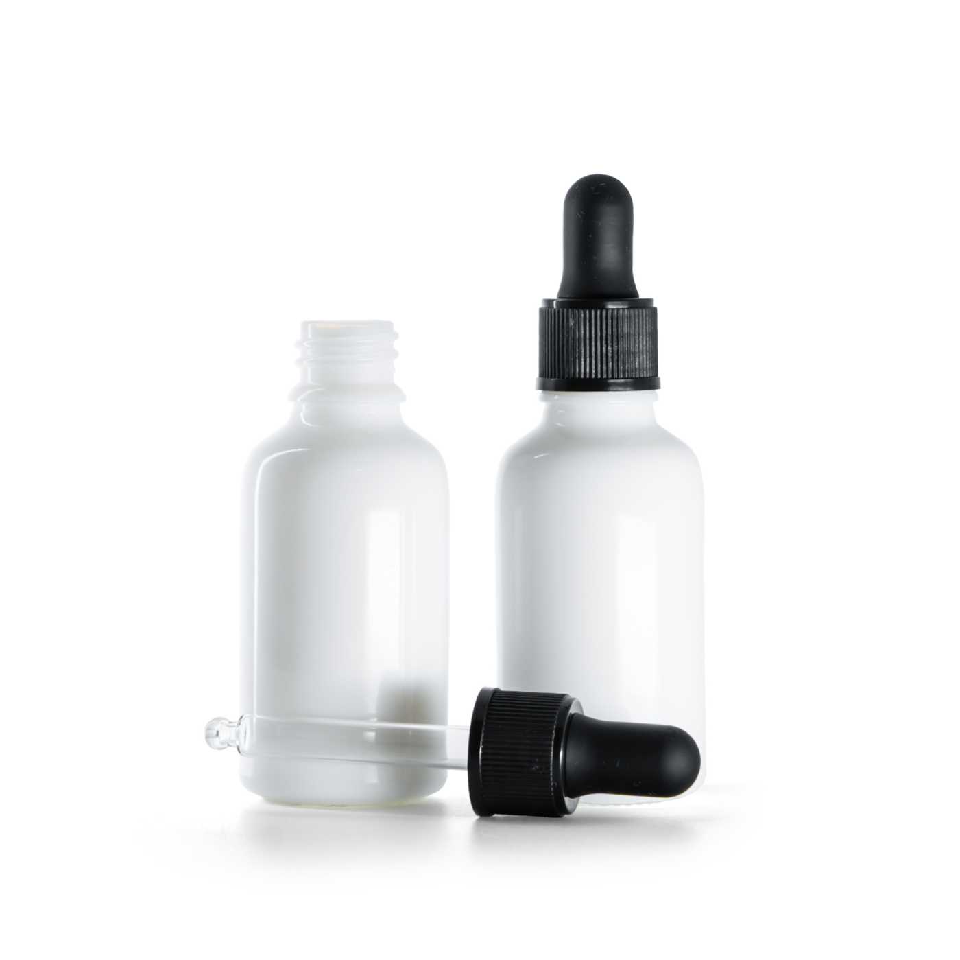 Sklenená fľaška, liekovka, biela, matné čierne kvapátko, 30 ml