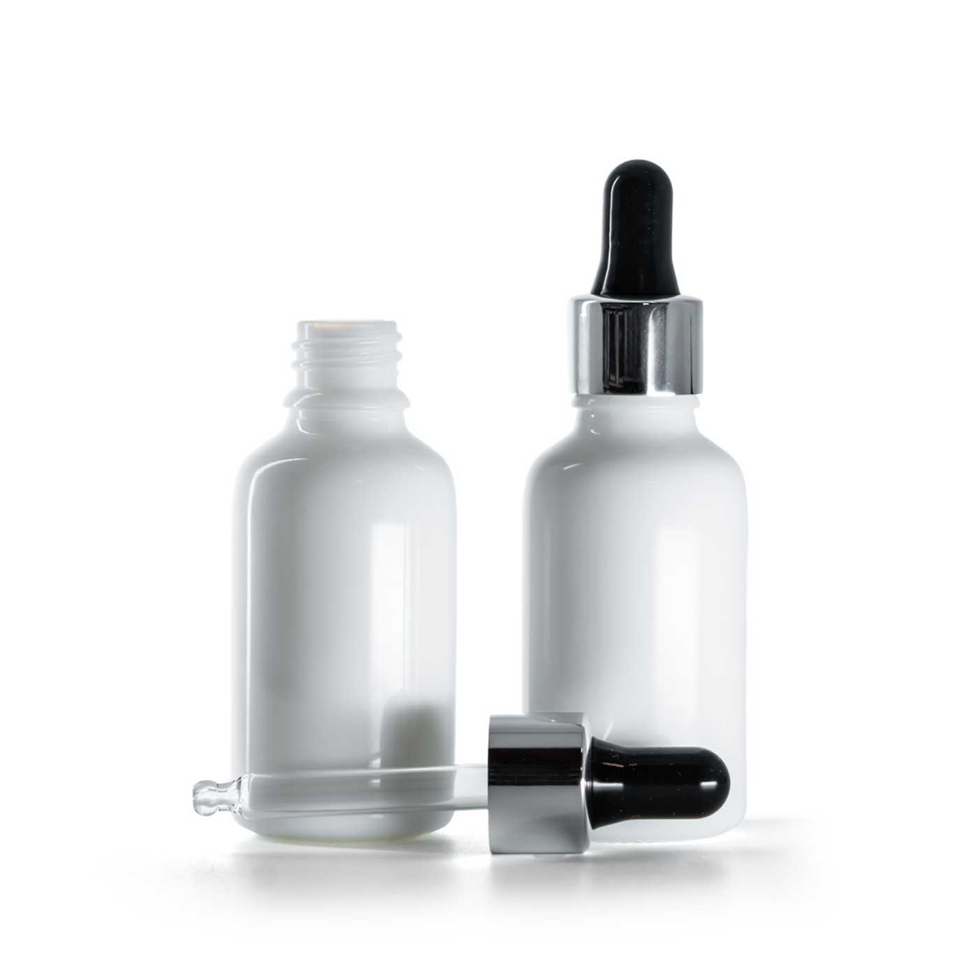 Butelka szklana apteczna, biała, czarno-srebrny kroplomierz, 30 ml