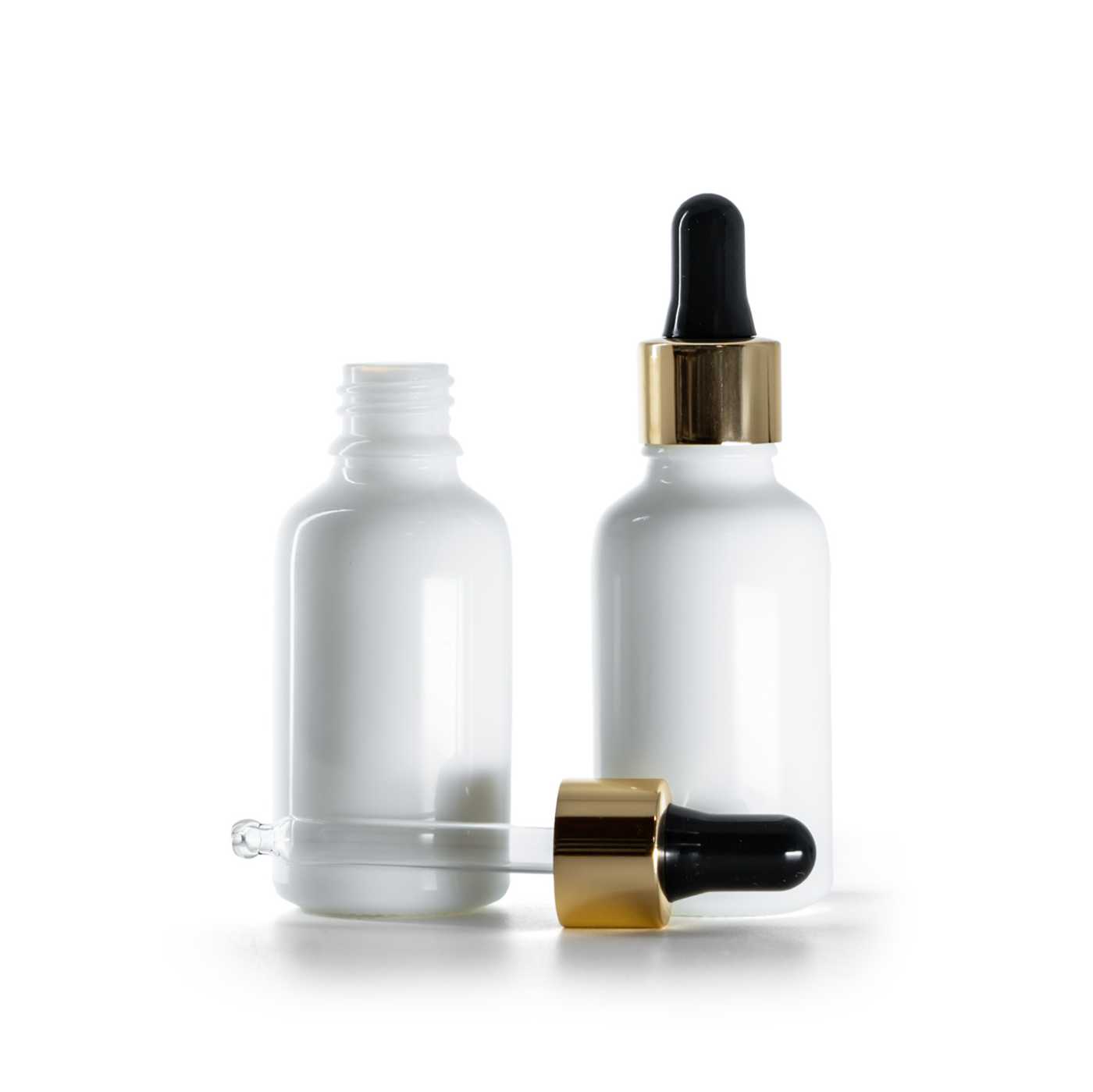 Butelka szklana apteczna, biała, czarno-złoty kroplomierz, 30 ml
