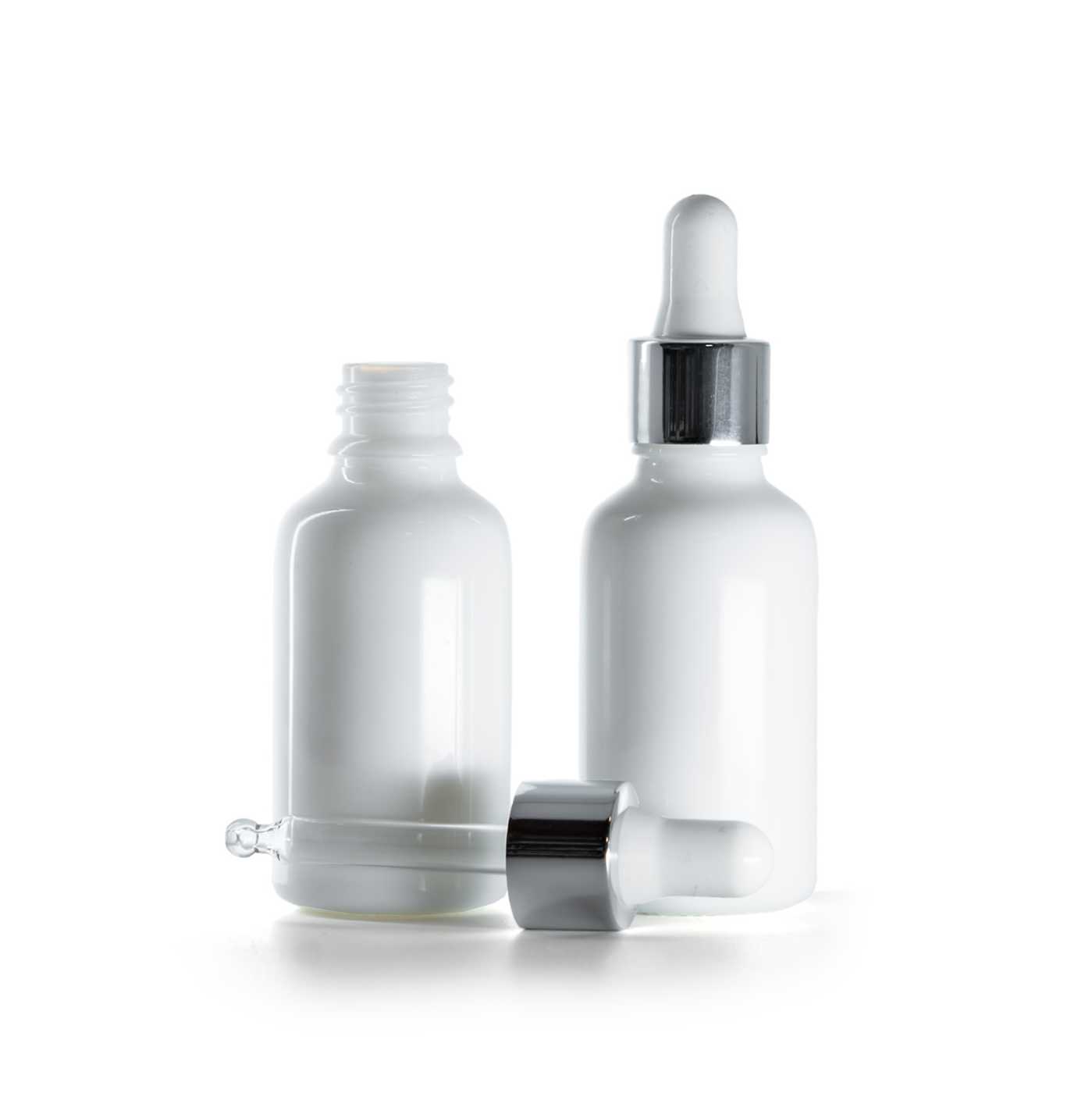 Sklenená fľaška, liekovka, biela, strieborné lesklé kvapátko, 30 ml