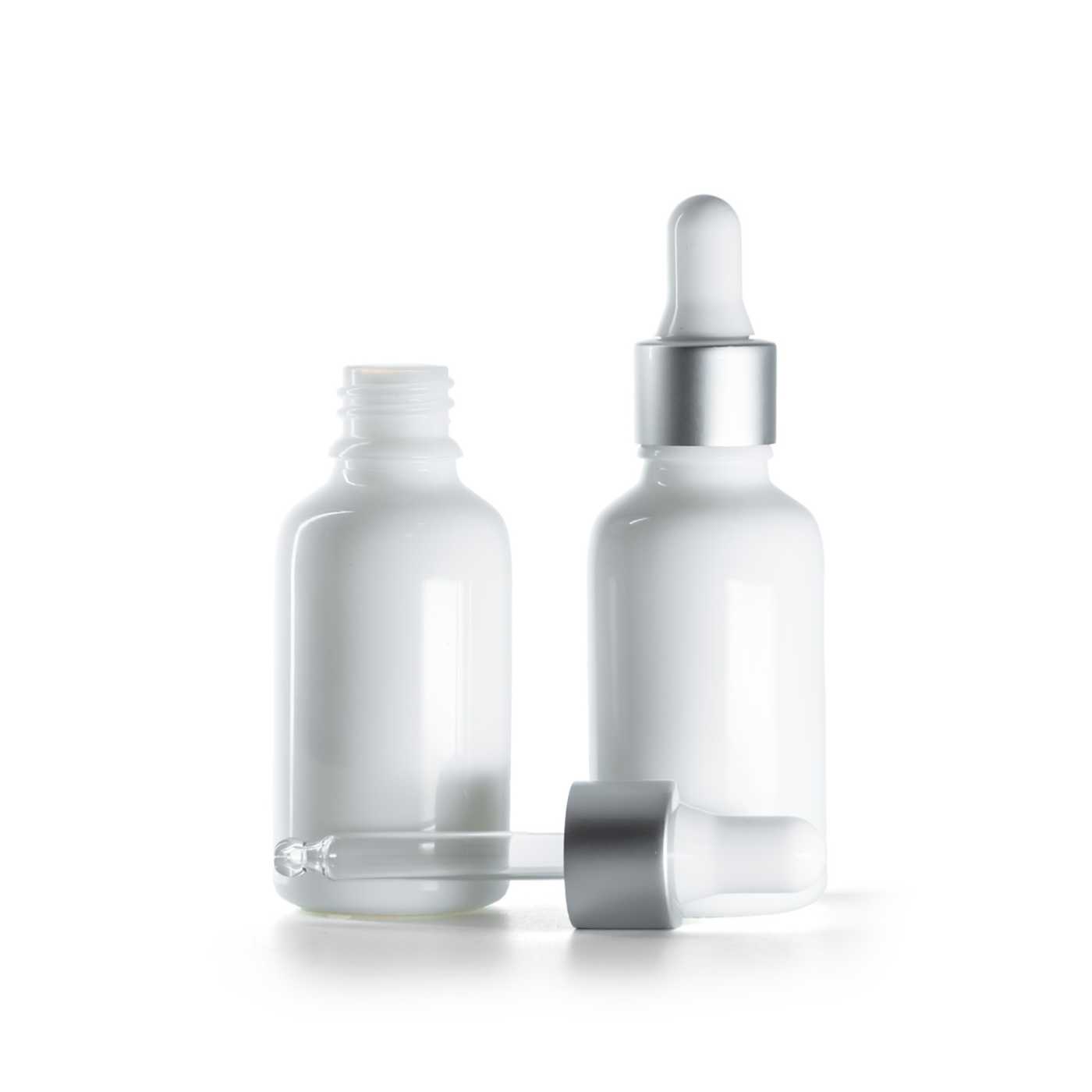 Sklenená fľaška, liekovka, biela, strieborné matné kvapátko, 30 ml