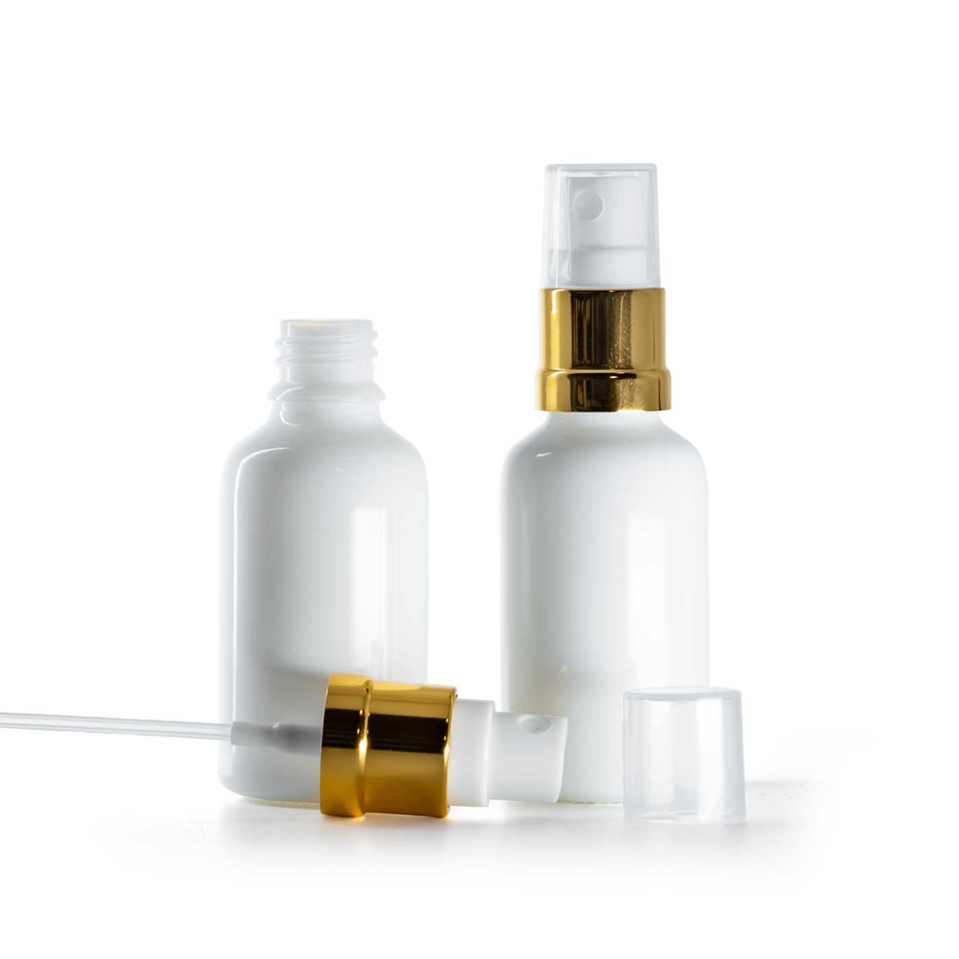 Sklenená fľaška, liekovka, biela, bielo-zlatý rozprašovač, 30 ml