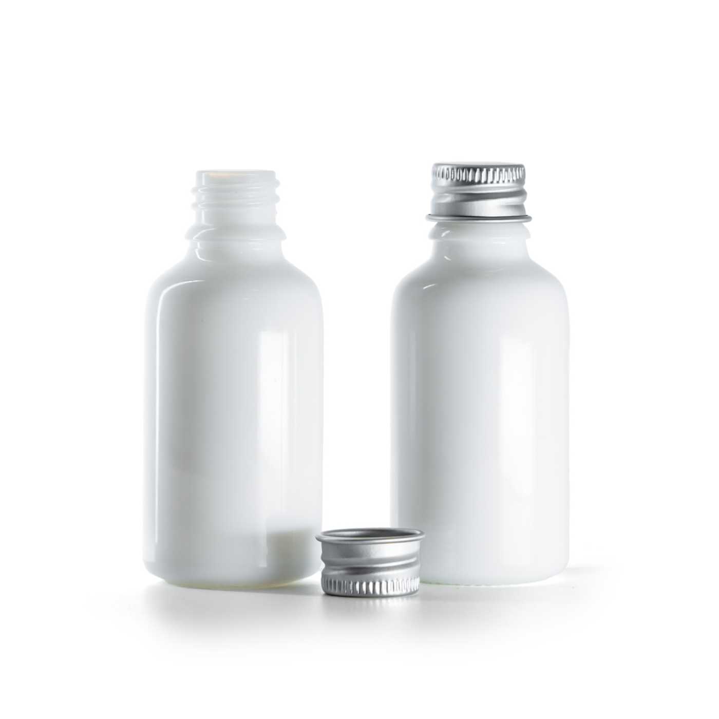 Sklenená fľaška, liekovka, biela, hliníkový vrchnák, 30 ml
