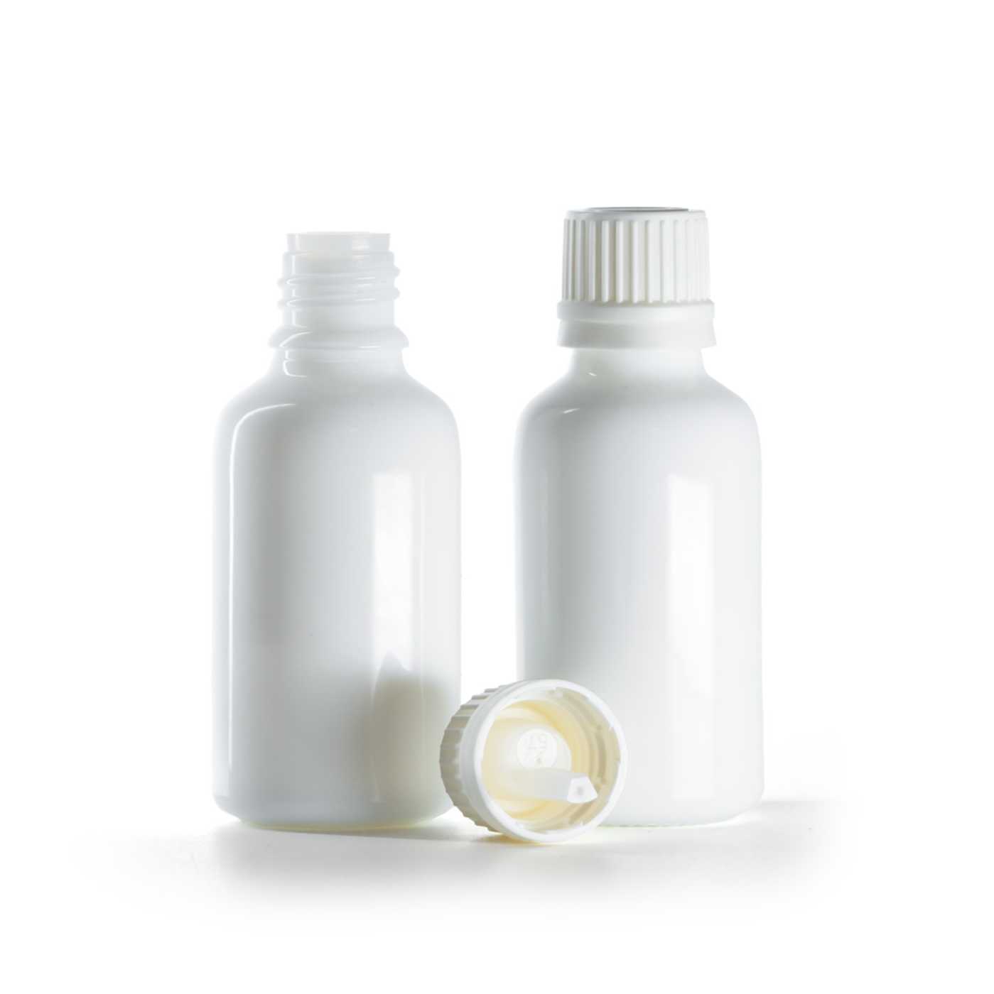 Butelka szklana apteczna, biała, biała nakrętka z kroplomierzem, 30 ml