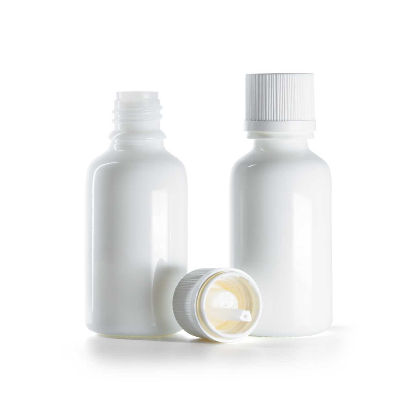 Butelka szklana apteczna, biała, biała karbowana nakrętka z zabezpieczeniem, 30 ml