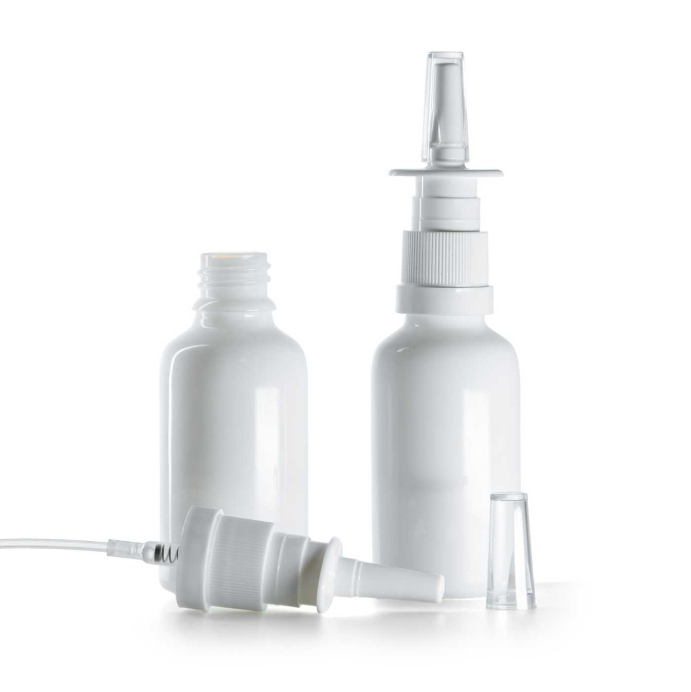 Sklenená fľaška, liekovka, biela, sprej do nosa 30 ml