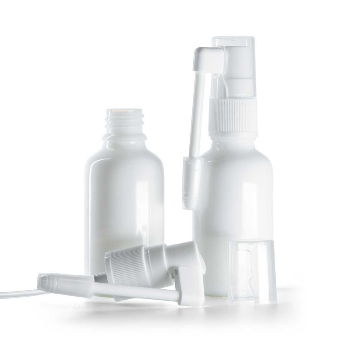 Sklenená fľaška, liekovka, biela, sprej do hrdla 30 ml