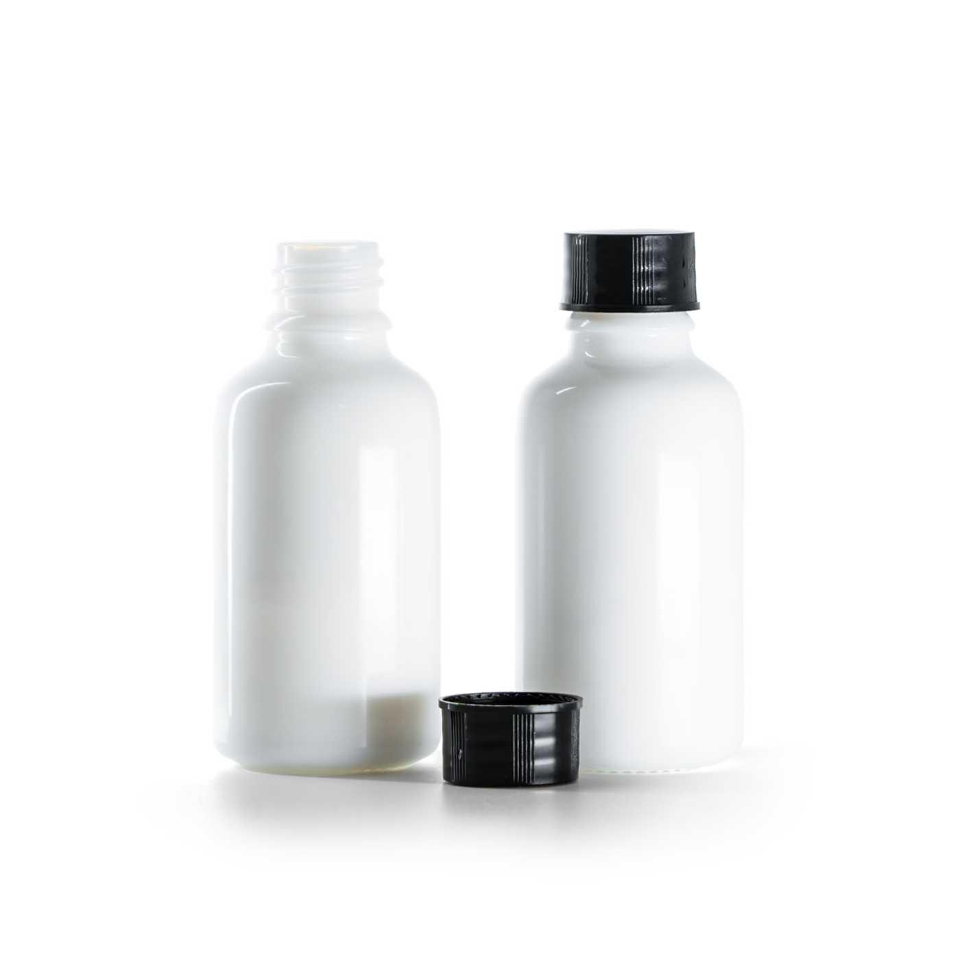 Sklenená fľaška, liekovka, biela, čierny vrchnák, 30 ml