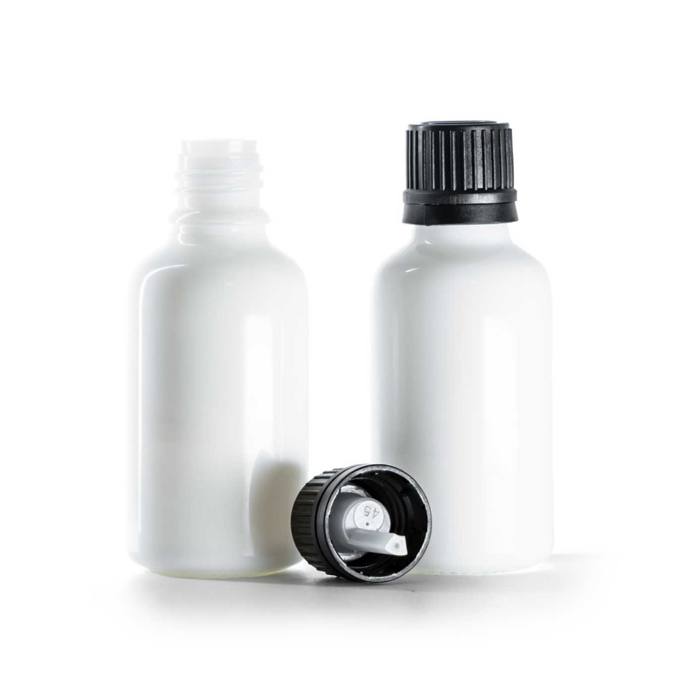 Sklenená fľaška, liekovka, biela, čierny vrchnák s kvapátkom, 30 ml