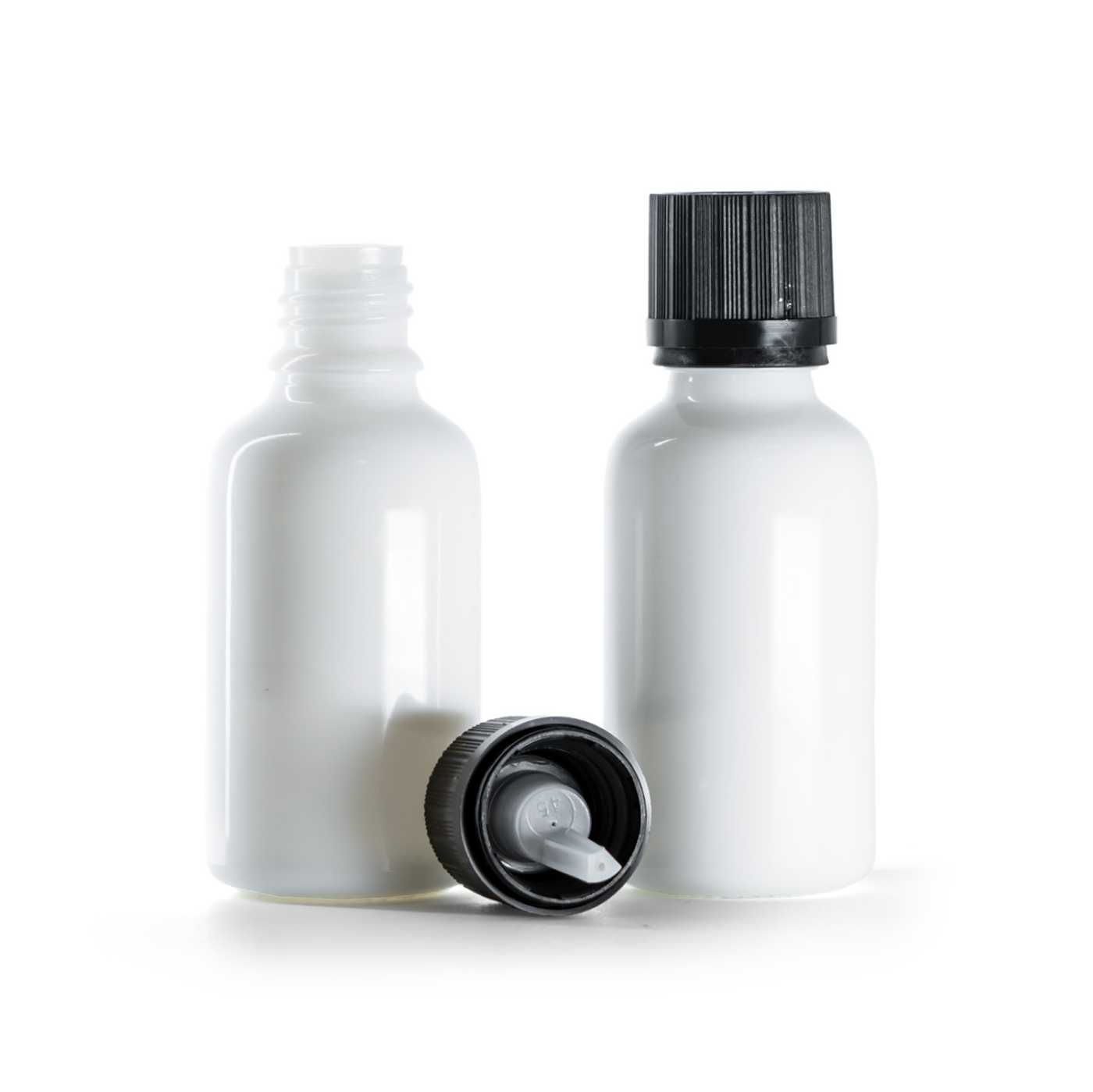 Sklenená fľaška, liekovka, biela, čierny vrúbkovaný vrchnák s poistkou, 30 ml