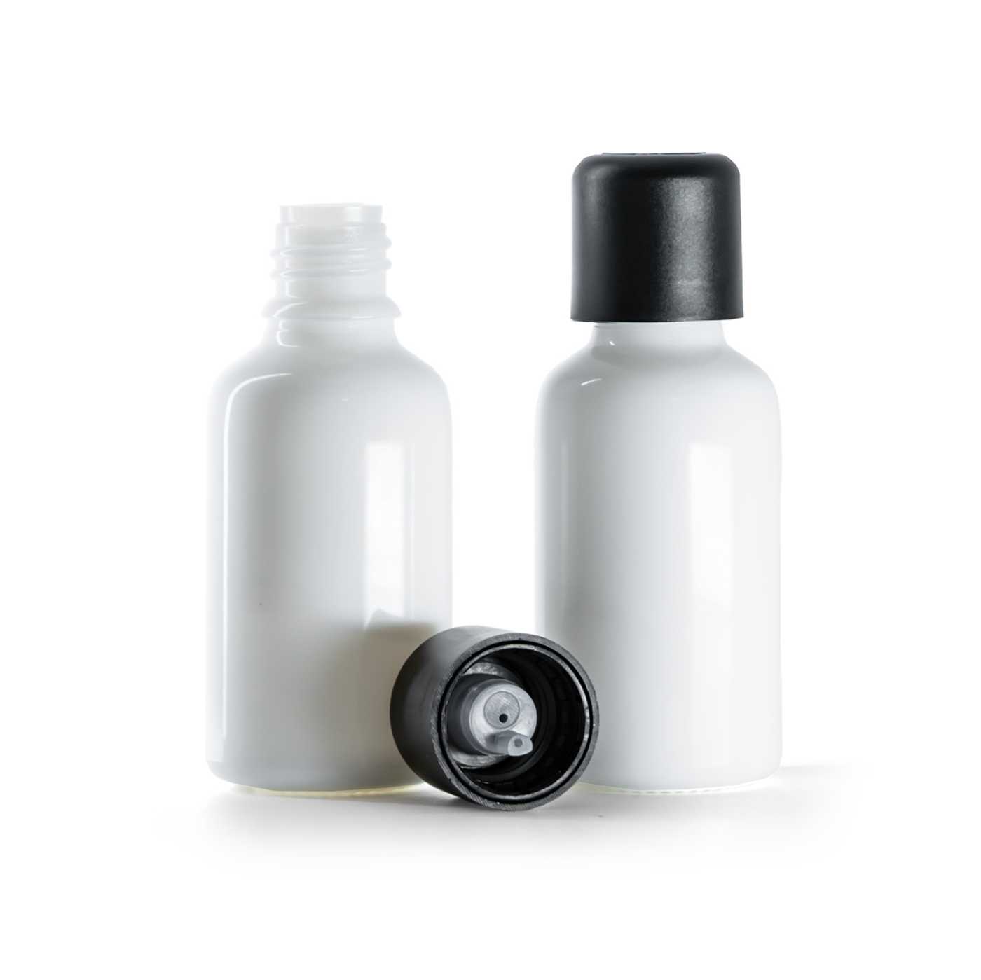 Sklenená fľaška, liekovka, biela, čierny vrchnák s poistkou, 30 ml