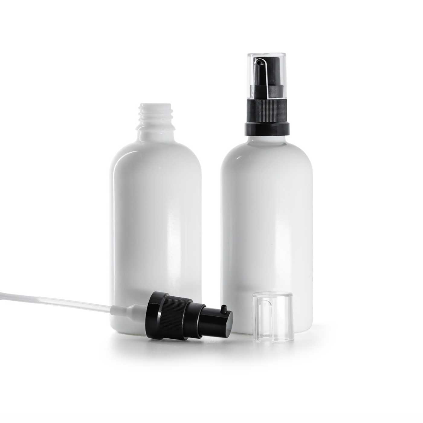 Sklenená fľaška, liekovka, biela, dávkovač olejov, 100 ml
