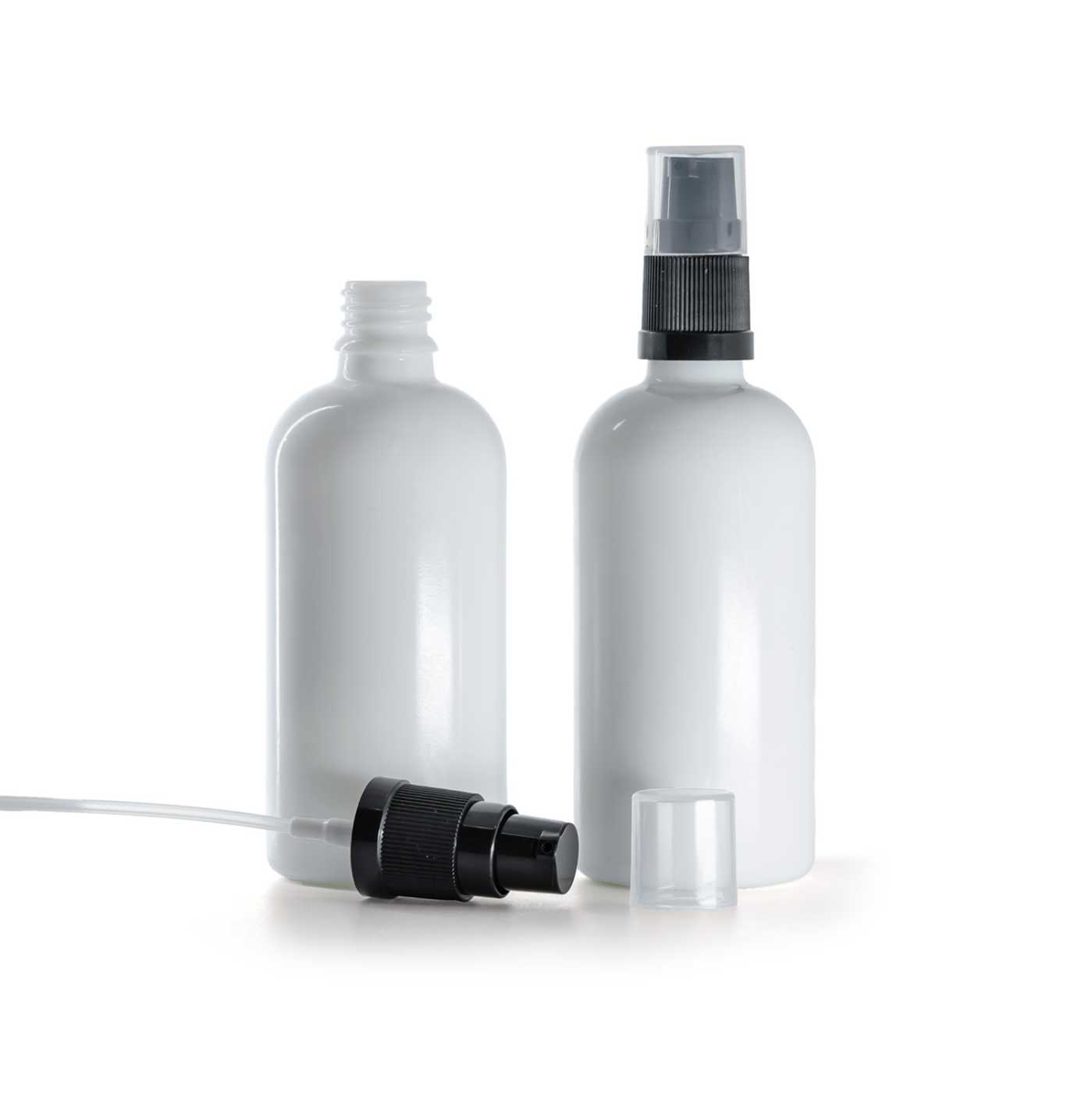 Bílá skleněná lahvička s dávkovačem krému, 100 ml